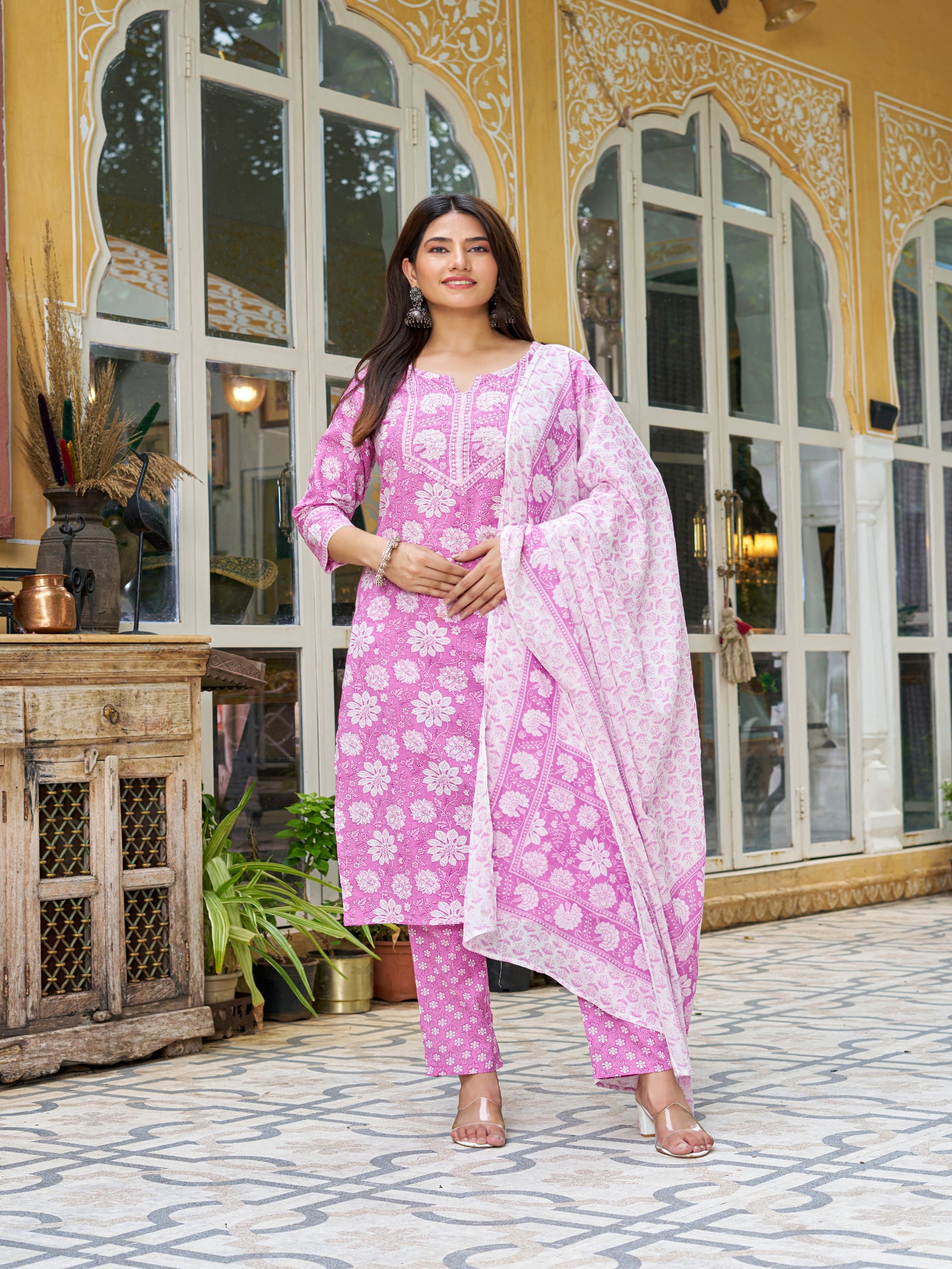 Maluka Women’s Blue, Yellow & Pink Floral Cotton Kurta Set with Dupatta