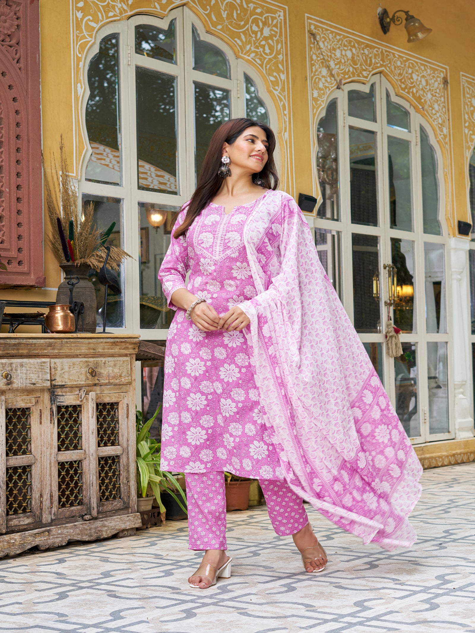 Maluka Women’s Blue, Yellow & Pink Floral Cotton Kurta Set with Dupatta