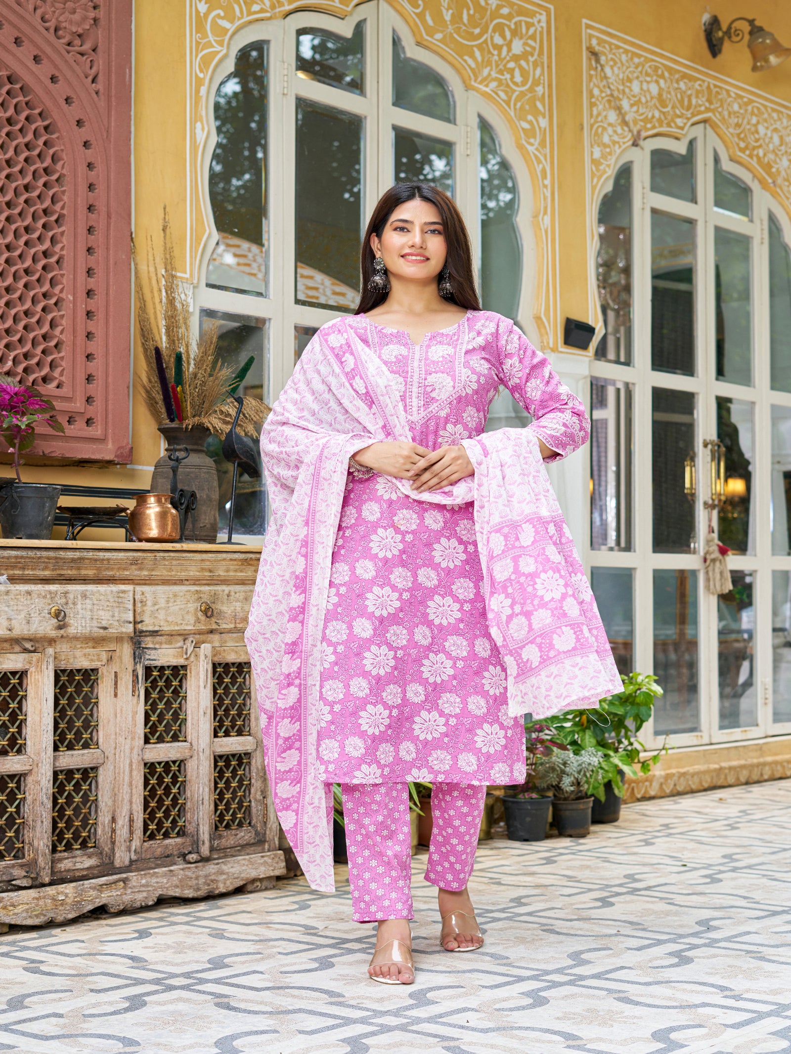 Maluka Women’s Blue, Yellow & Pink Floral Cotton Kurta Set with Dupatta