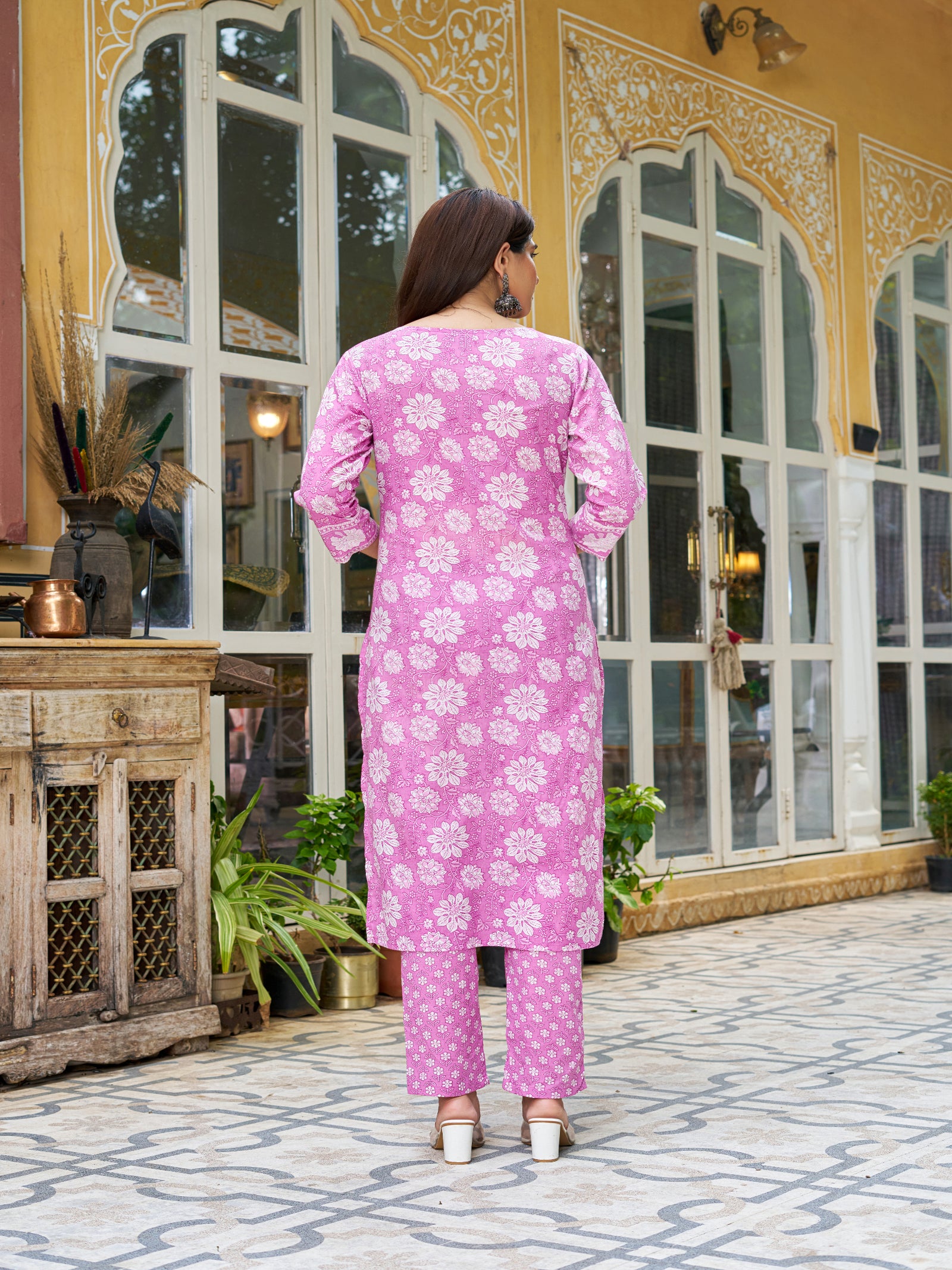 Maluka Women’s Blue, Yellow & Pink Floral Cotton Kurta Set with Dupatta