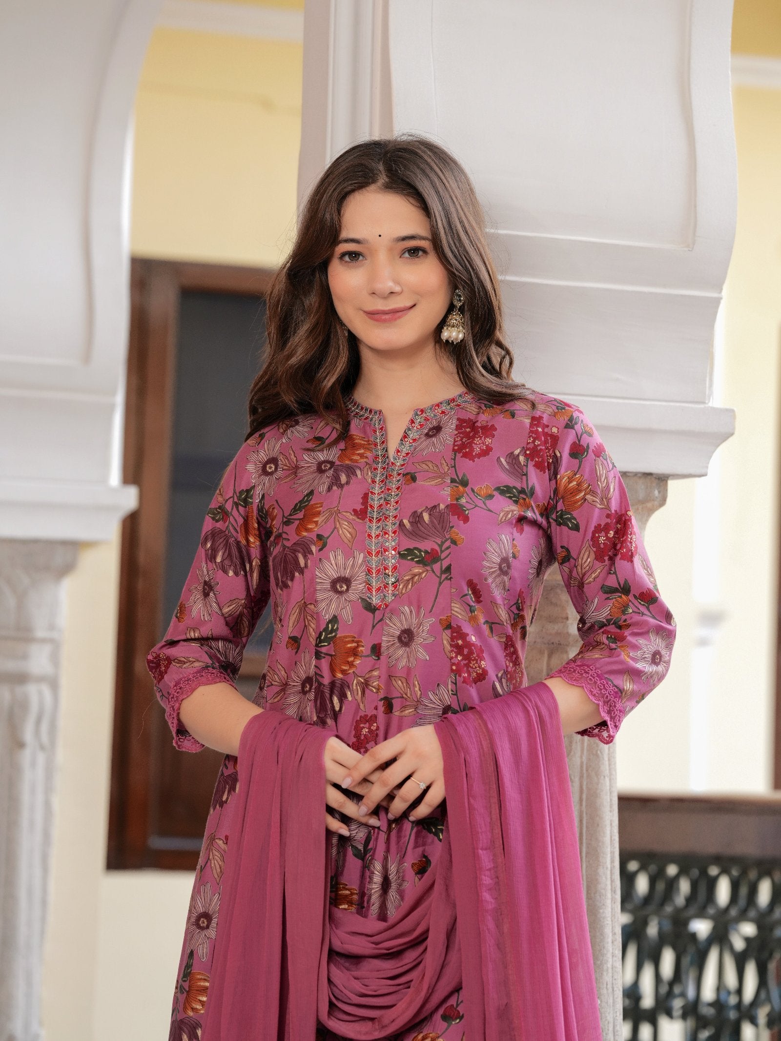 MALUKA WOMEN MODAL CHANDERI FLORAL PRINT KURTA PANT WITH DUPATTA SET