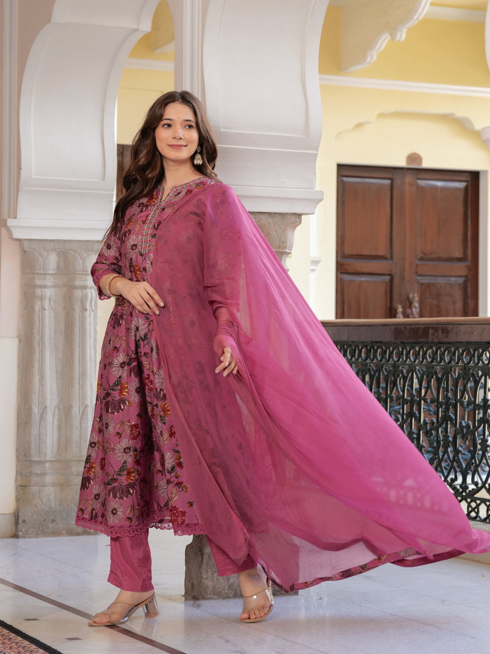 MALUKA WOMEN MODAL CHANDERI FLORAL PRINT KURTA PANT WITH DUPATTA SET