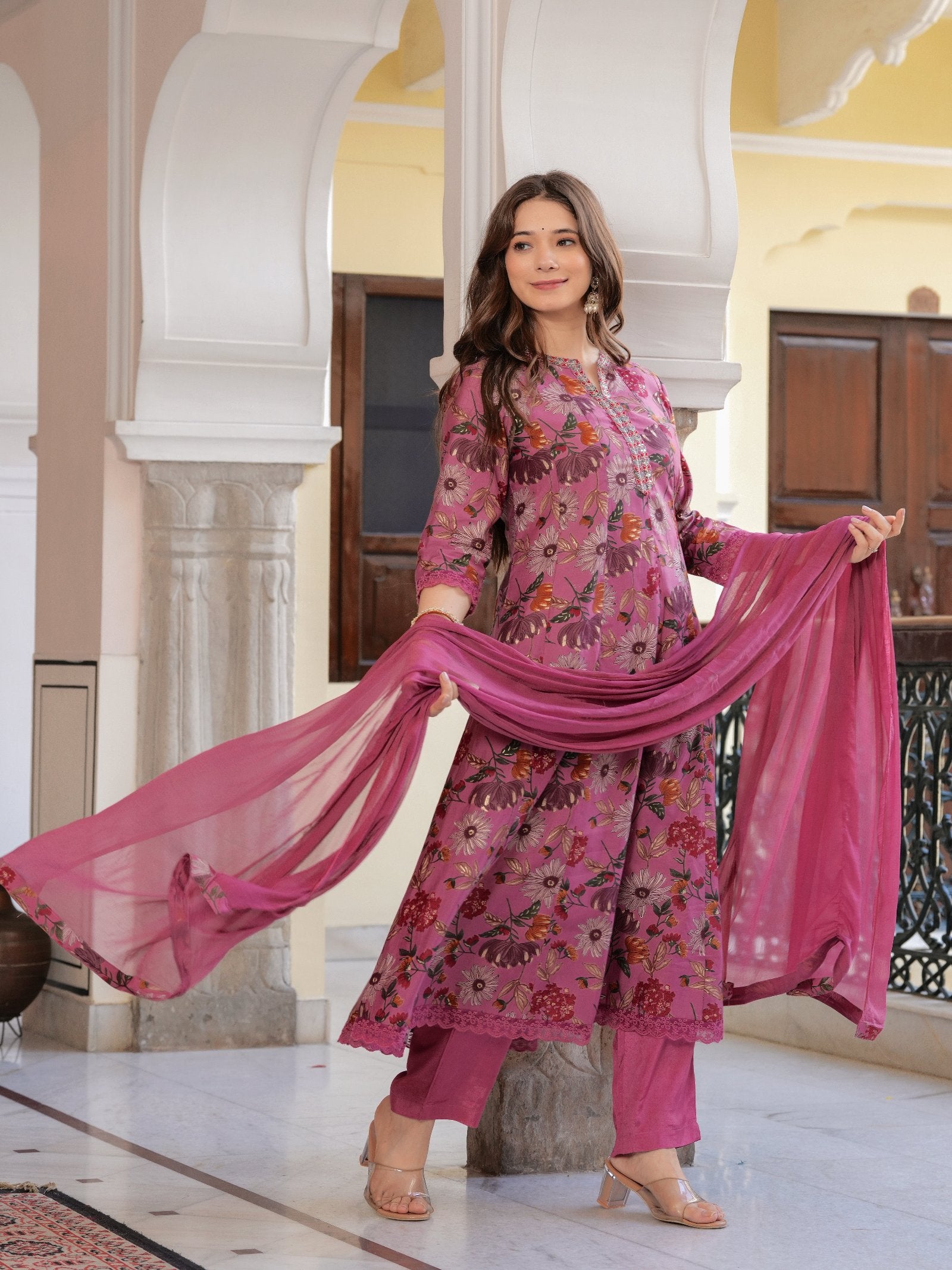 MALUKA WOMEN MODAL CHANDERI FLORAL PRINT KURTA PANT WITH DUPATTA SET