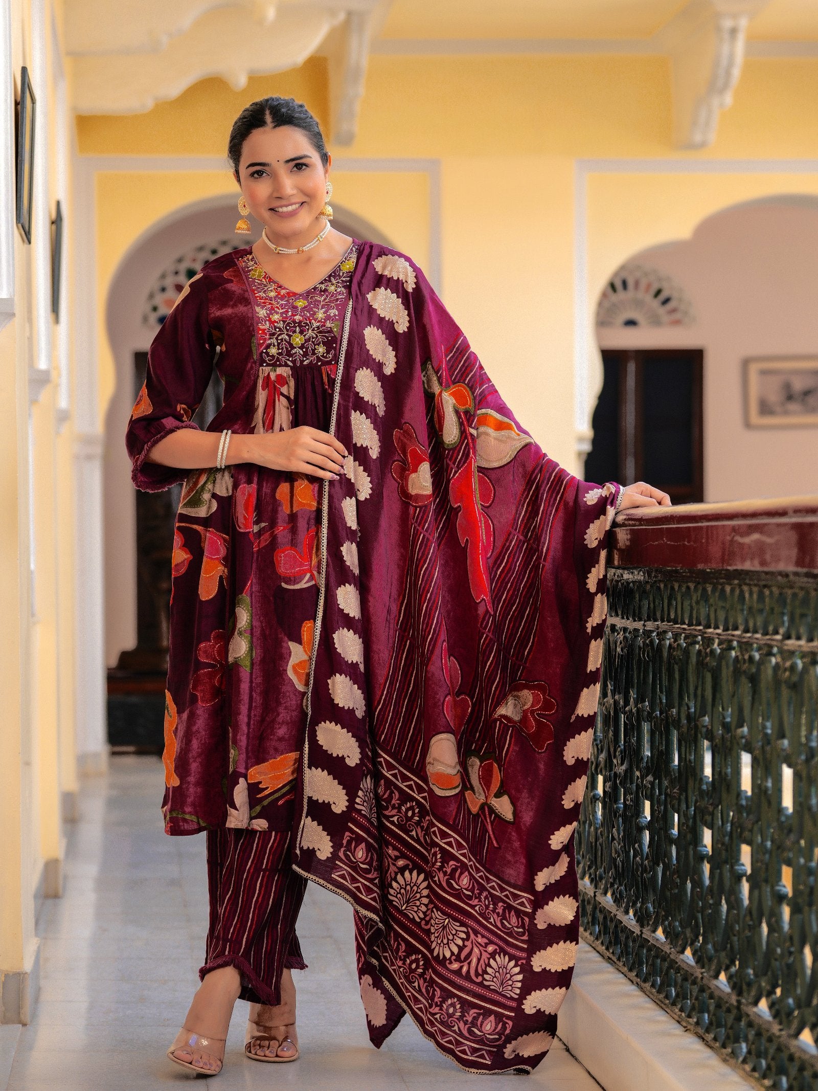 Maluka Women Modal Chanderi Sequins Work Kurta Pant with Dupatta Set