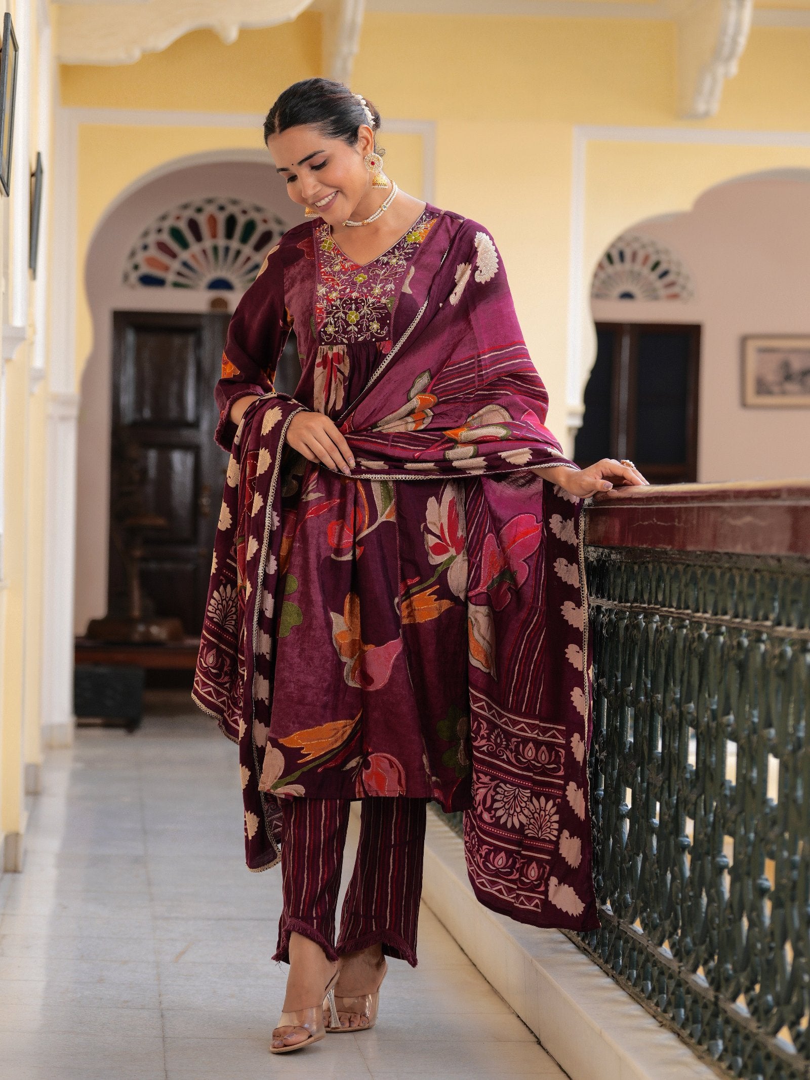 Maluka Women Modal Chanderi Sequins Work Kurta Pant with Dupatta Set
