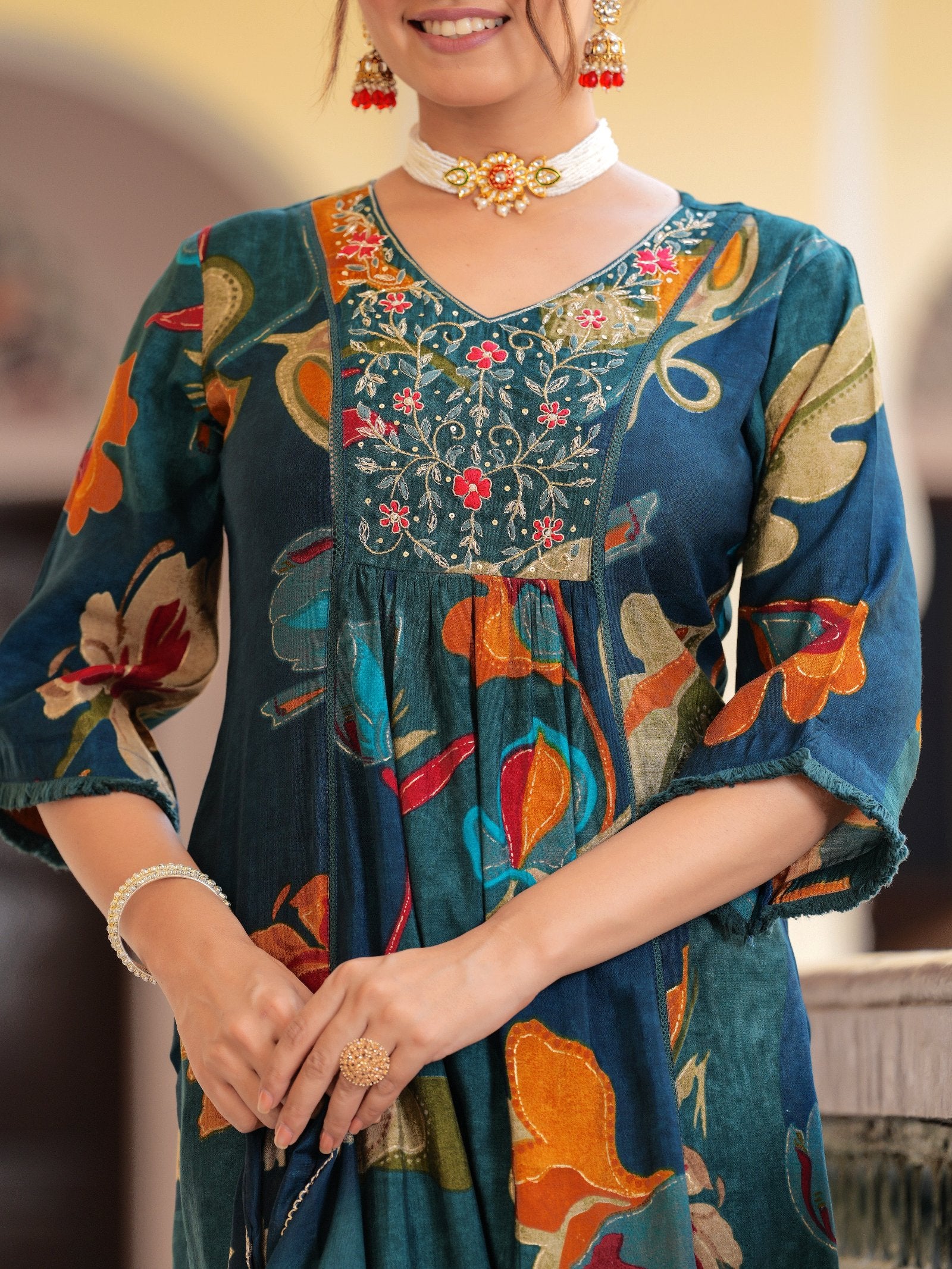 Maluka Women Modal Chanderi Sequins Work Kurta Pant with Dupatta Set