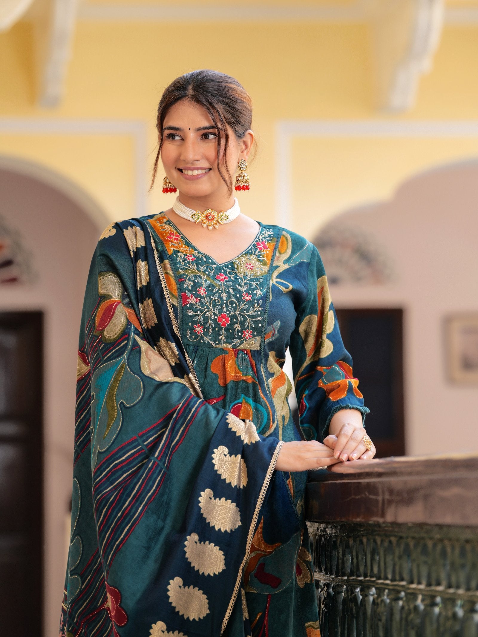 Maluka Women Modal Chanderi Sequins Work Kurta Pant with Dupatta Set