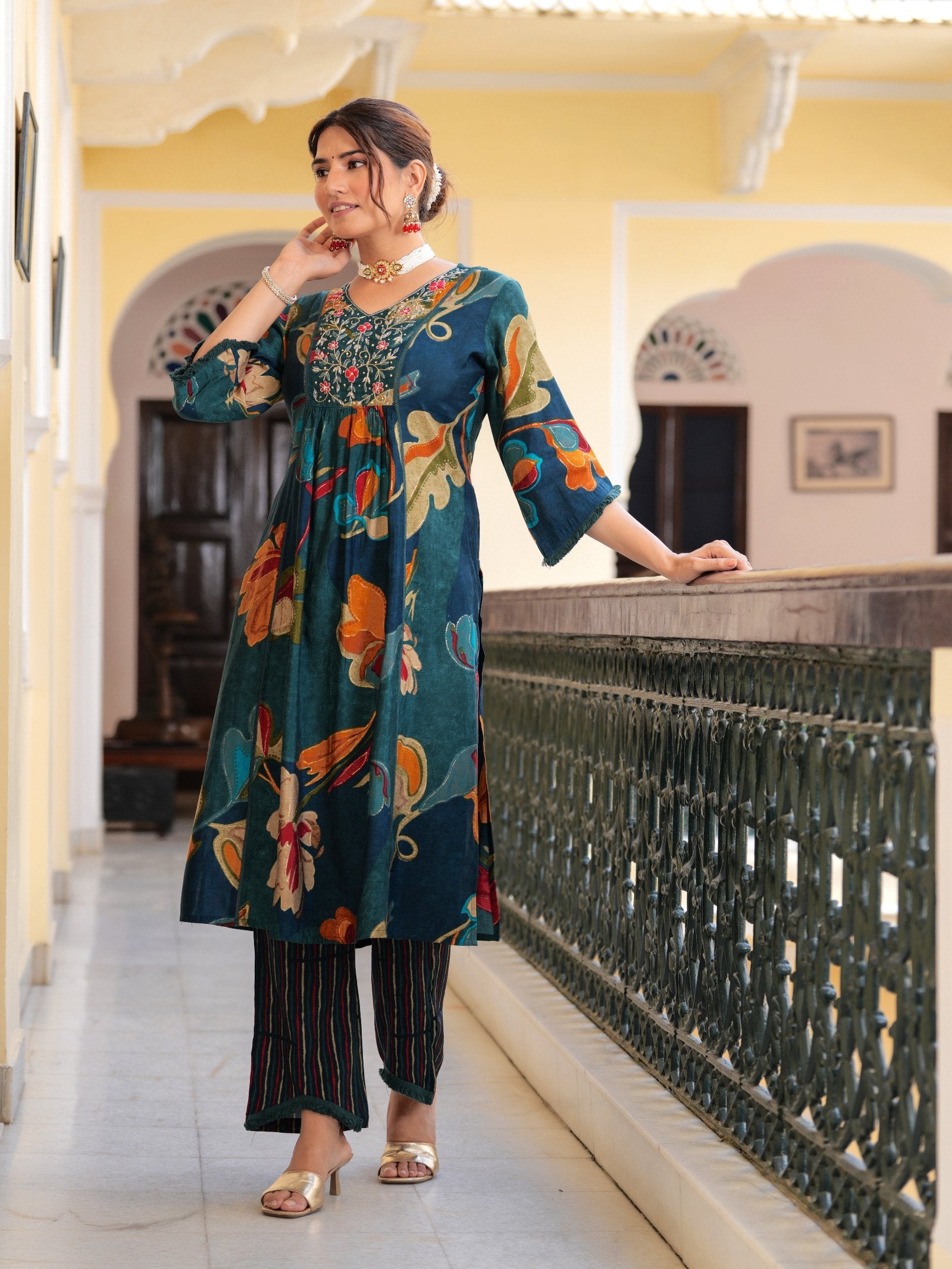 Maluka Women Modal Chanderi Sequins Work Kurta Pant with Dupatta Set