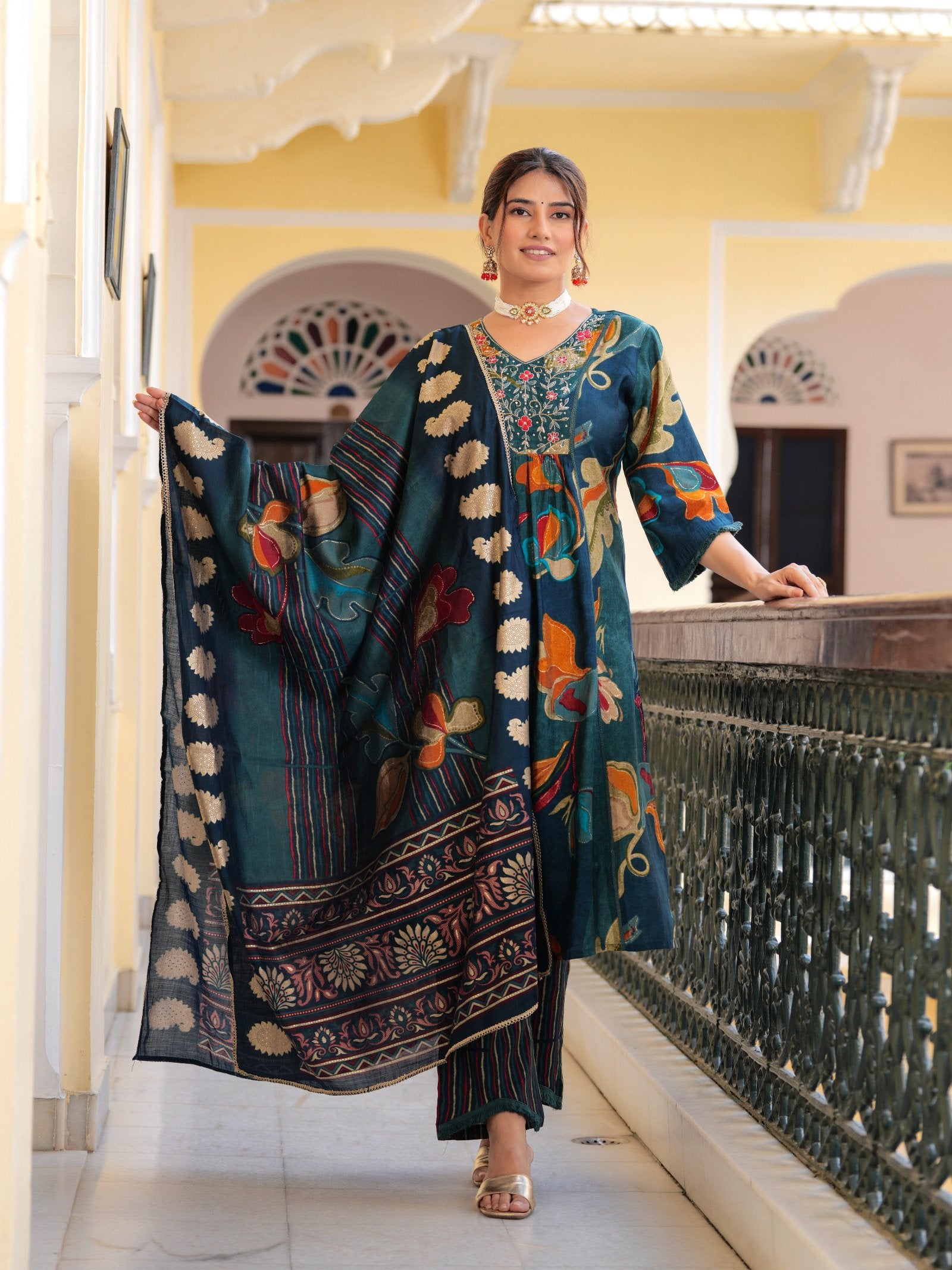Maluka Women Modal Chanderi Sequins Work Kurta Pant with Dupatta Set