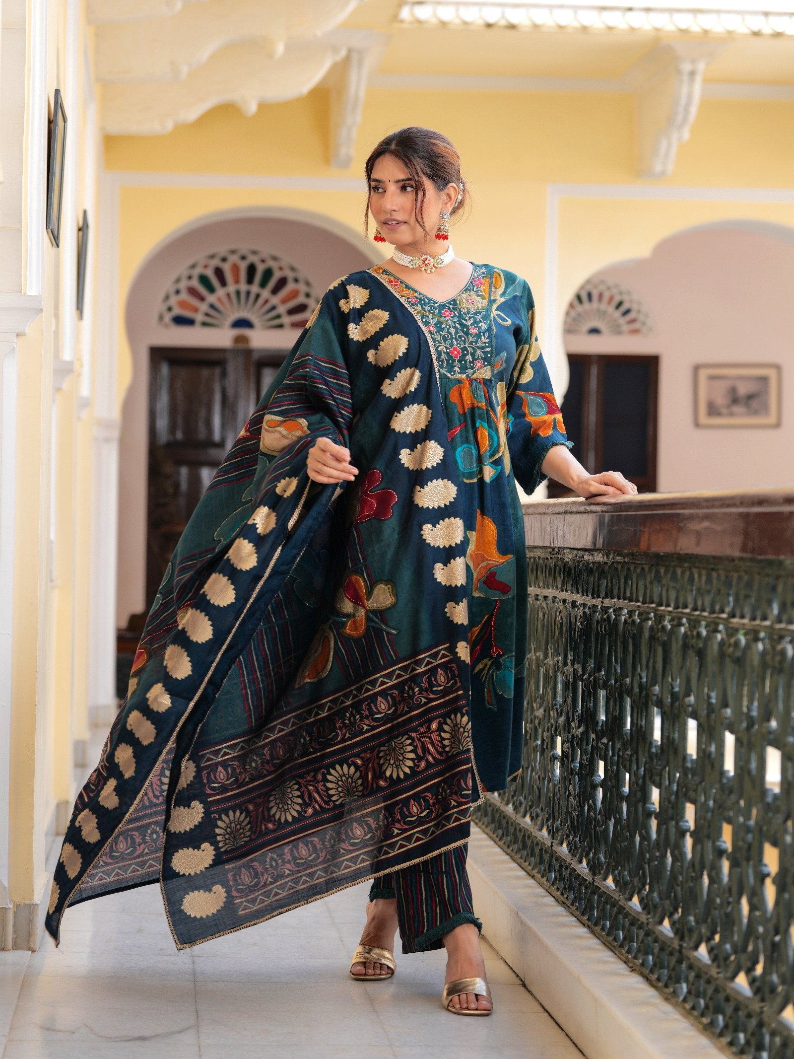 Maluka Women Modal Chanderi Sequins Work Kurta Pant with Dupatta Set