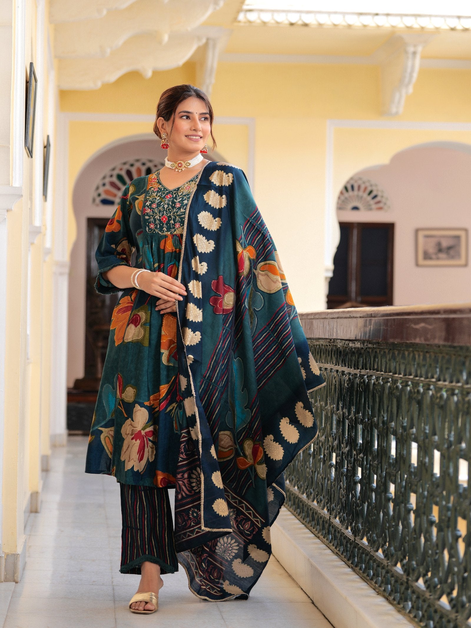 Maluka Women Modal Chanderi Sequins Work Kurta Pant with Dupatta Set