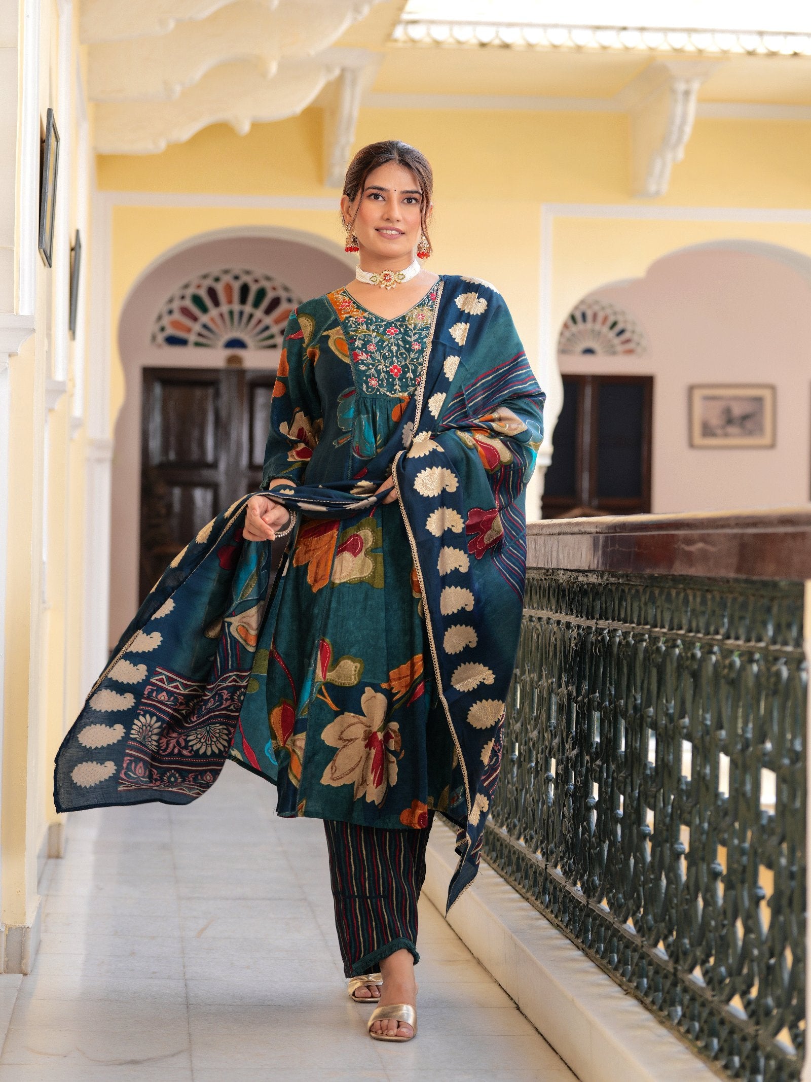 Maluka Women Modal Chanderi Sequins Work Kurta Pant with Dupatta Set
