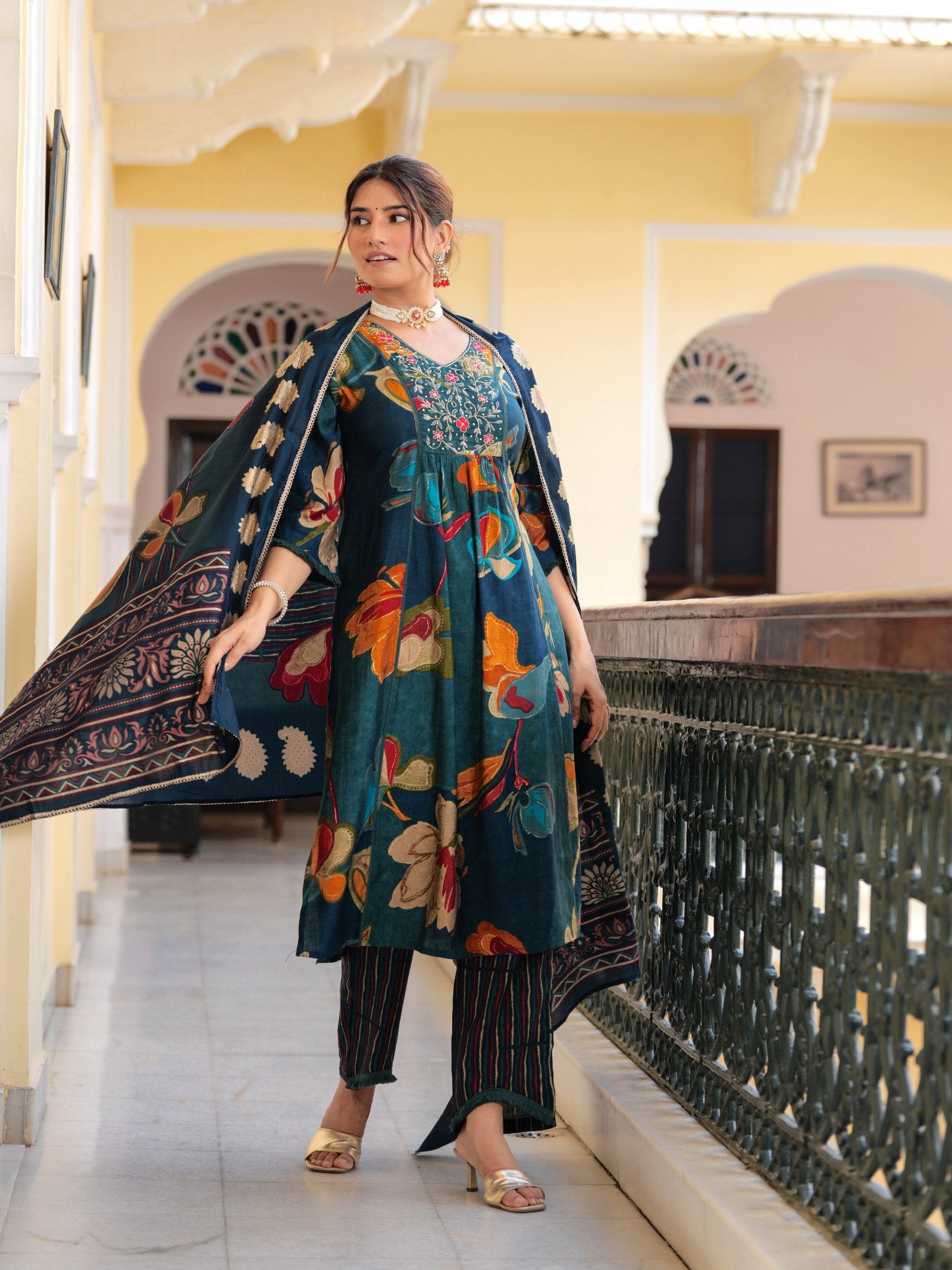 Maluka Women Modal Chanderi Sequins Work Kurta Pant with Dupatta Set