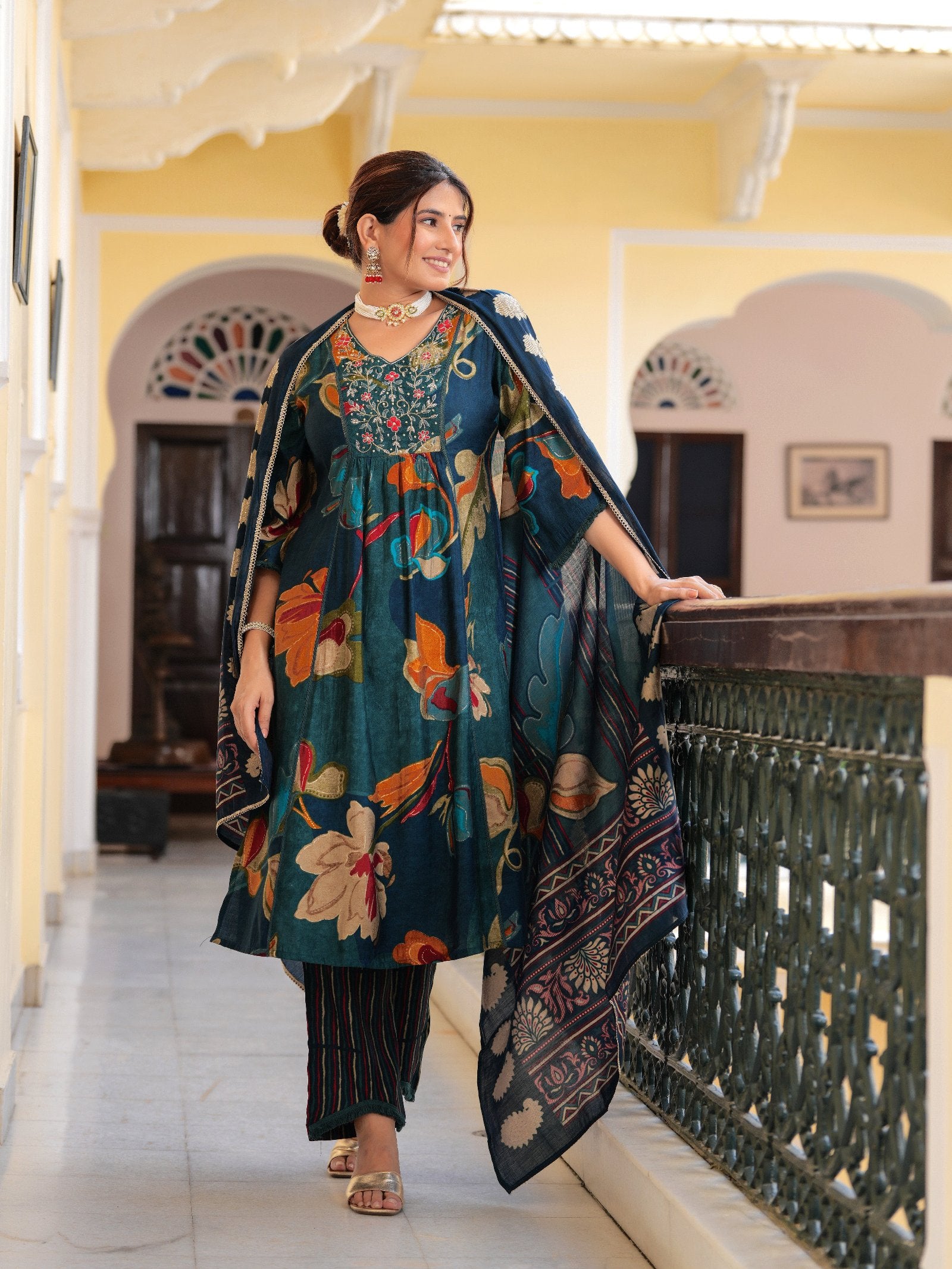 Maluka Women Modal Chanderi Sequins Work Kurta Pant with Dupatta Set