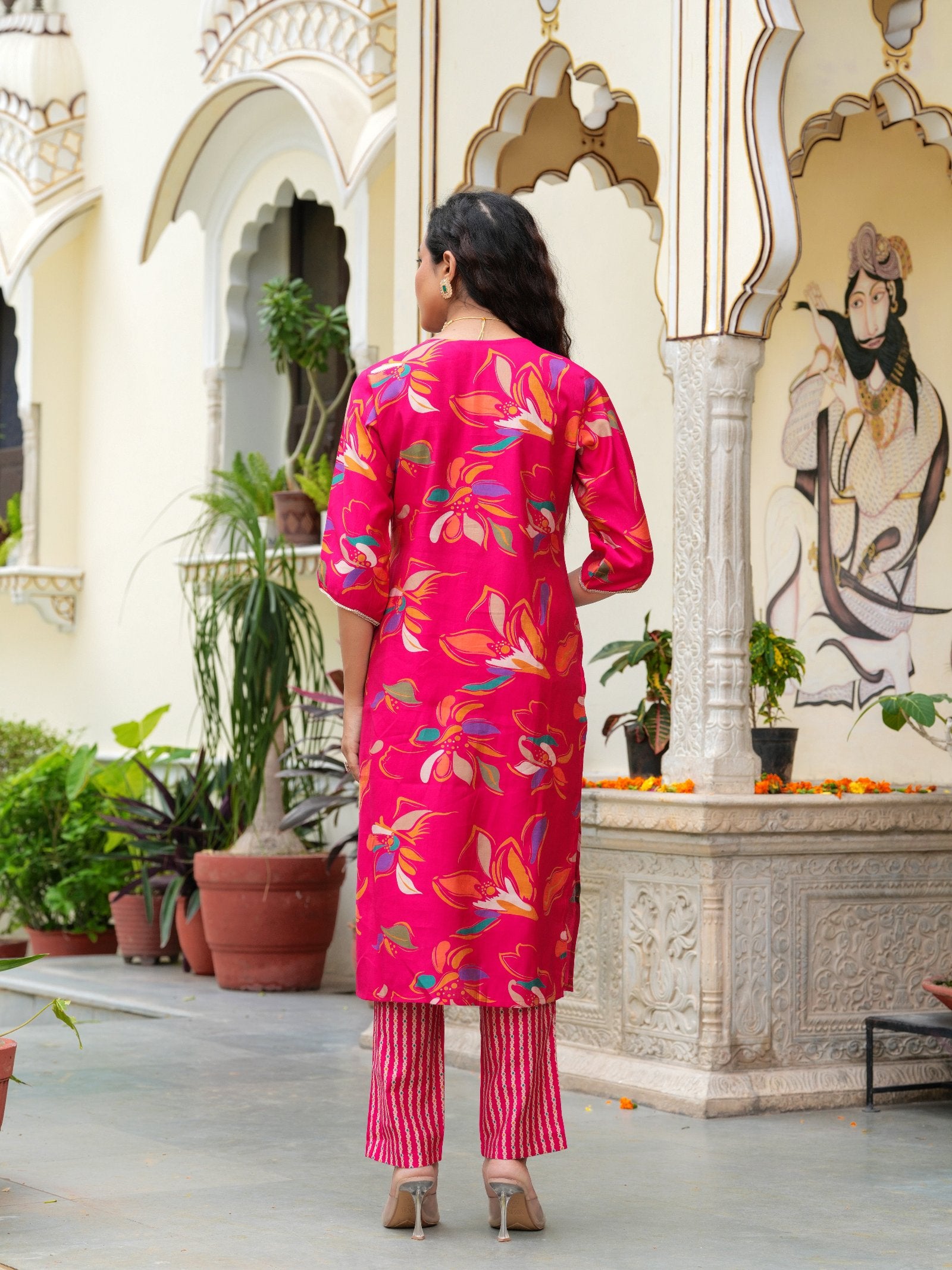 Maluka Women Modal Chanderi Foil Print Sequins with Beads and Stone Work Kurta Set
