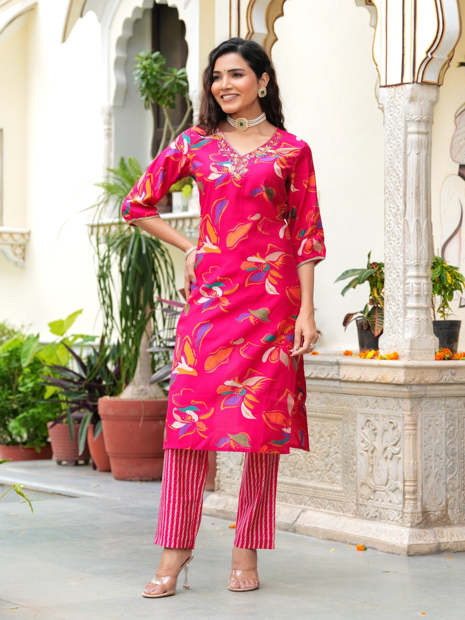 Maluka Women Modal Chanderi Foil Print Sequins with Beads and Stone Work Kurta Set