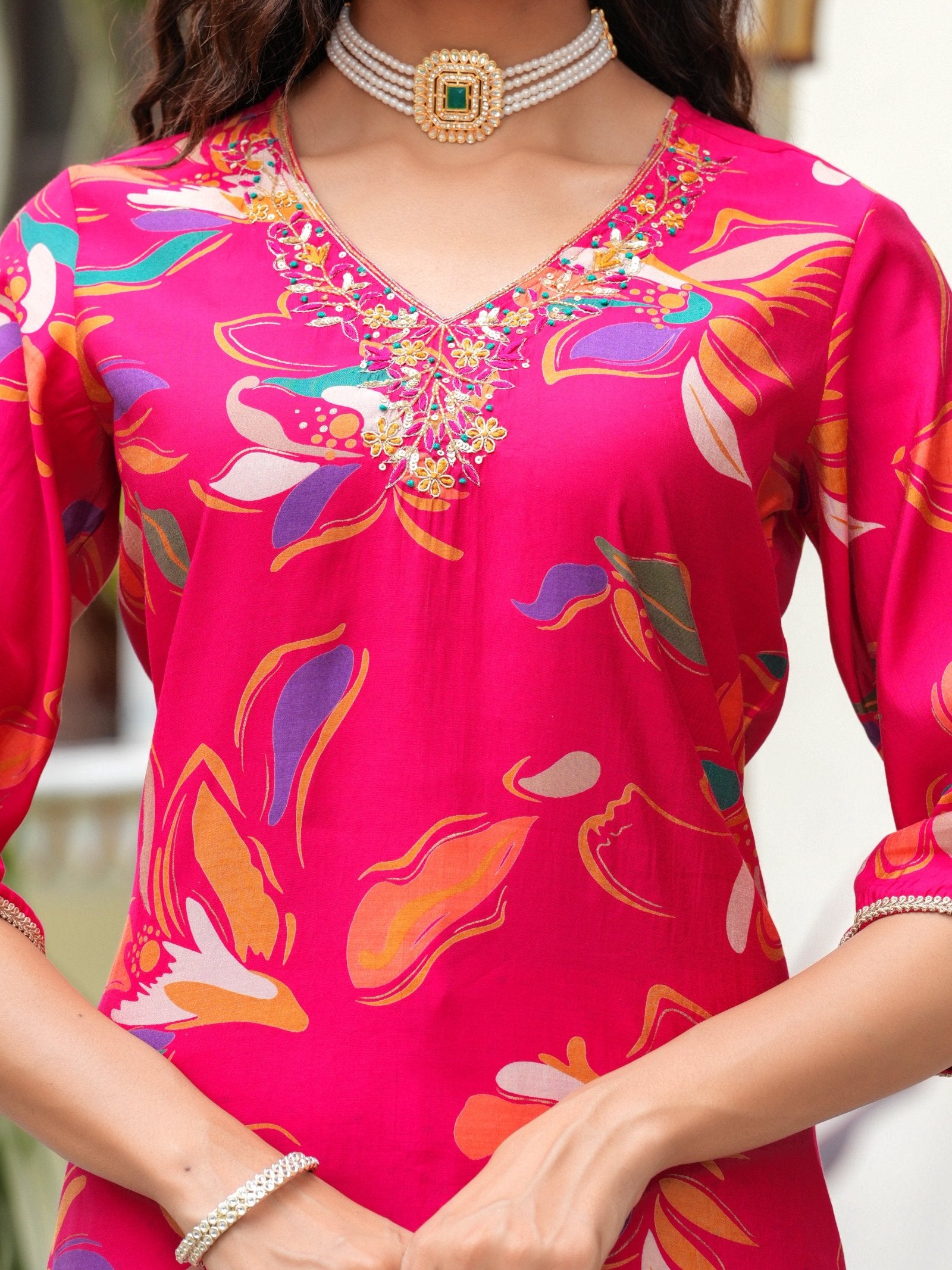 Maluka Women Modal Chanderi Foil Print Sequins with Beads and Stone Work Kurta Set