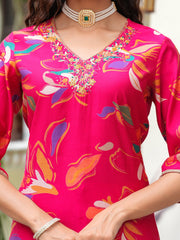 Maluka Women Modal Chanderi Foil Print Sequins with Beads and Stone Work Kurta Set