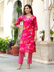 Maluka Women Modal Chanderi Foil Print Sequins with Beads and Stone Work Kurta Set