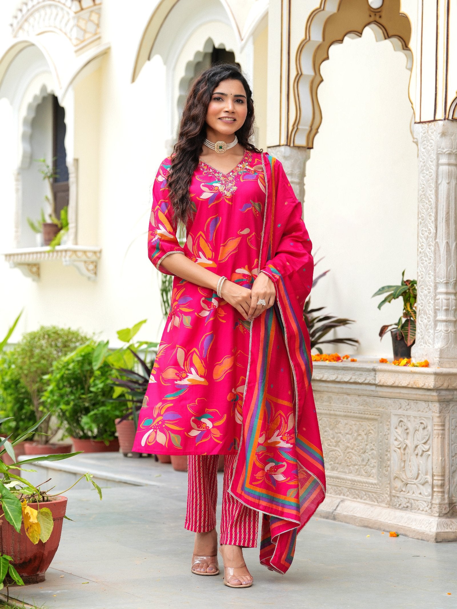 Maluka Women Modal Chanderi Foil Print Sequins with Beads and Stone Work Kurta Set