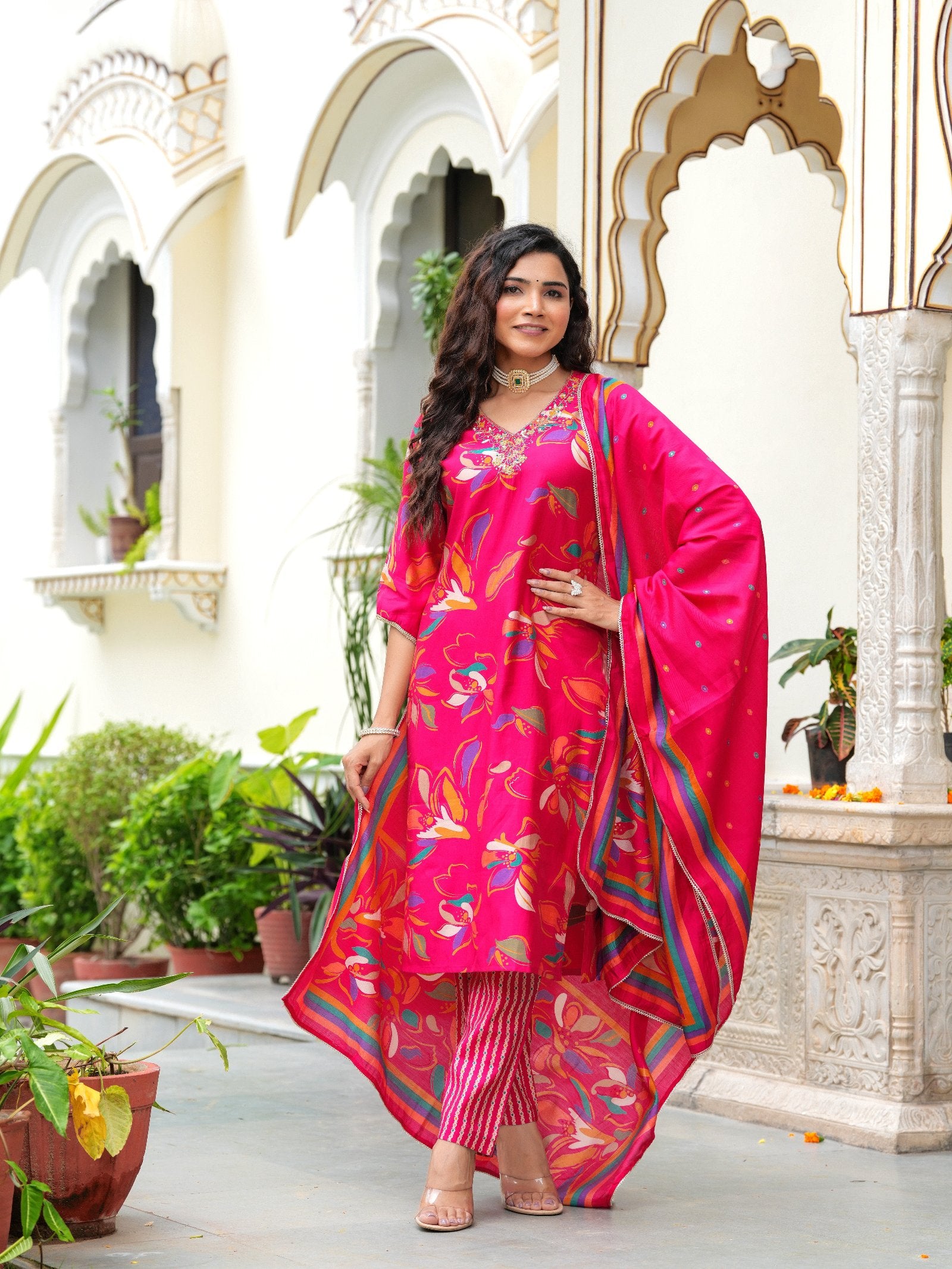 Maluka Women Modal Chanderi Foil Print Sequins with Beads and Stone Work Kurta Set