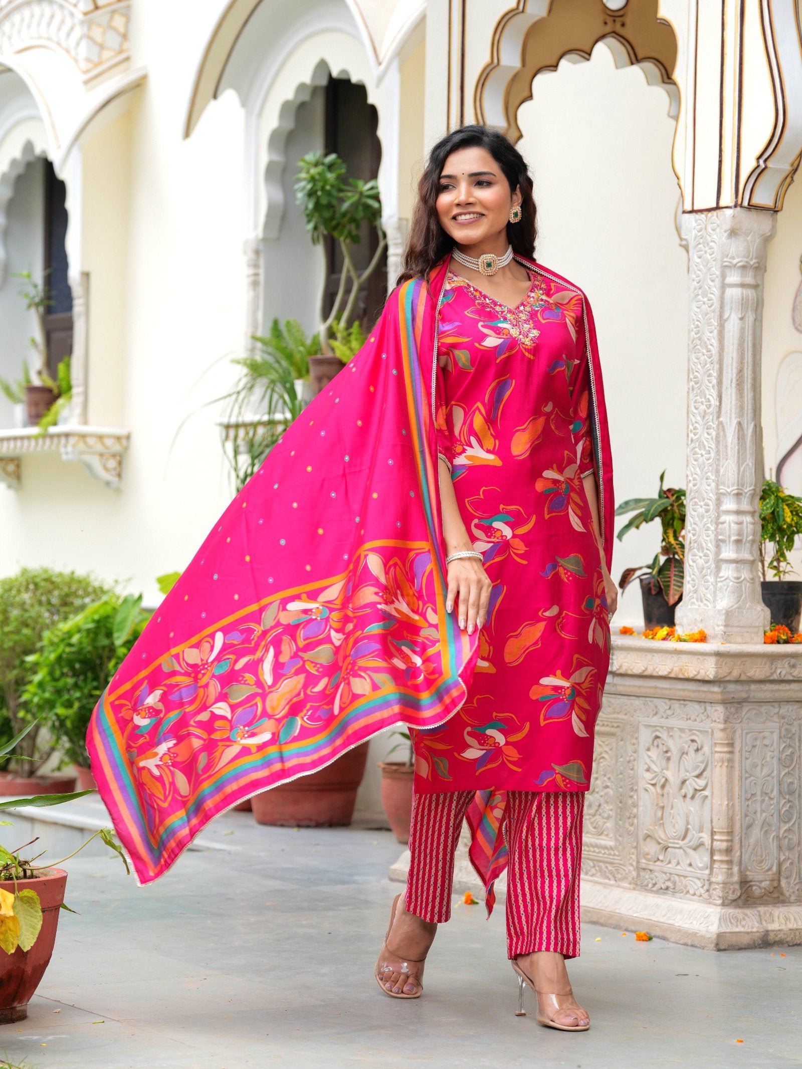Maluka Women Modal Chanderi Foil Print Sequins with Beads and Stone Work Kurta Set
