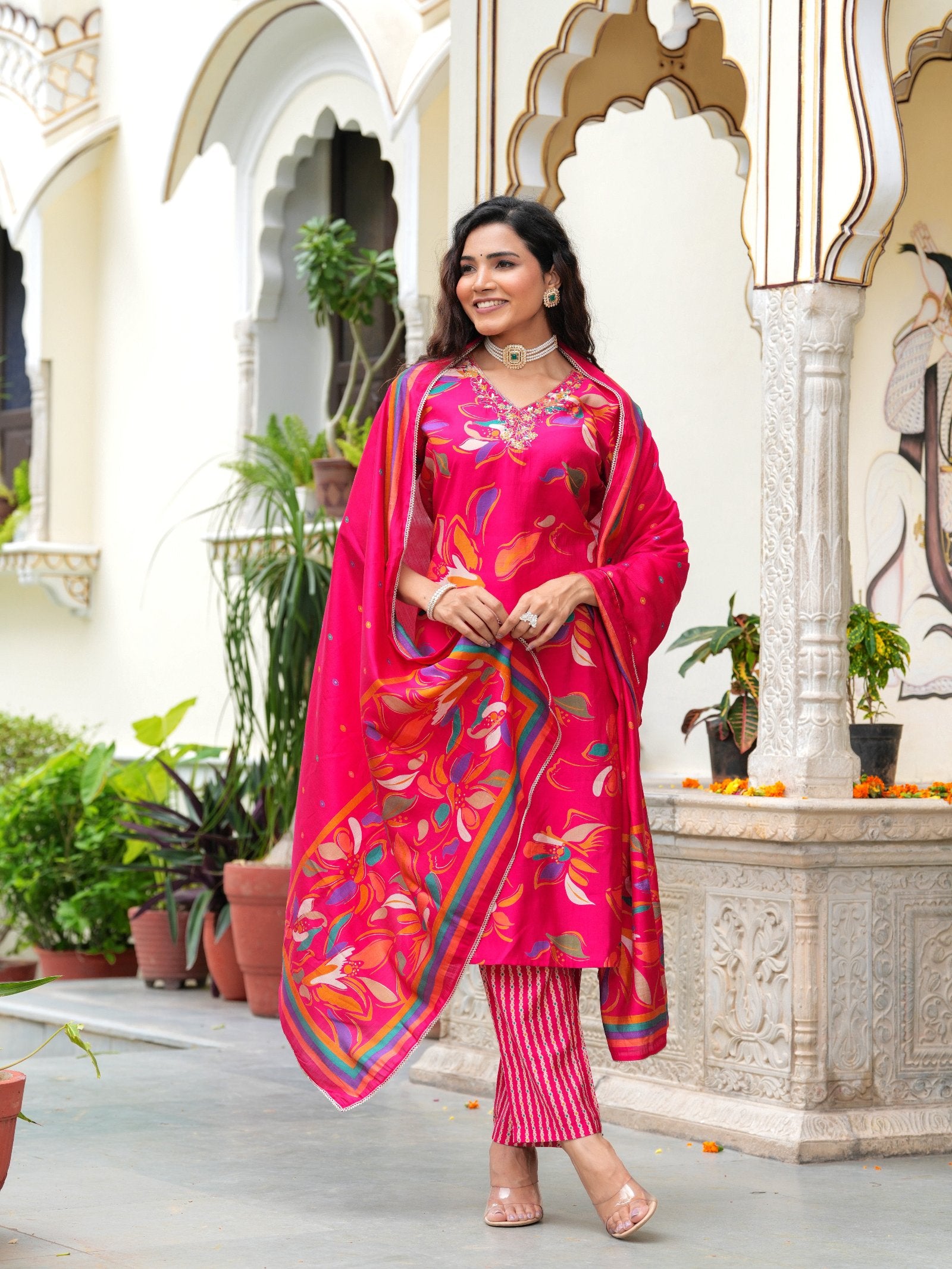 Maluka Women Modal Chanderi Foil Print Sequins with Beads and Stone Work Kurta Set