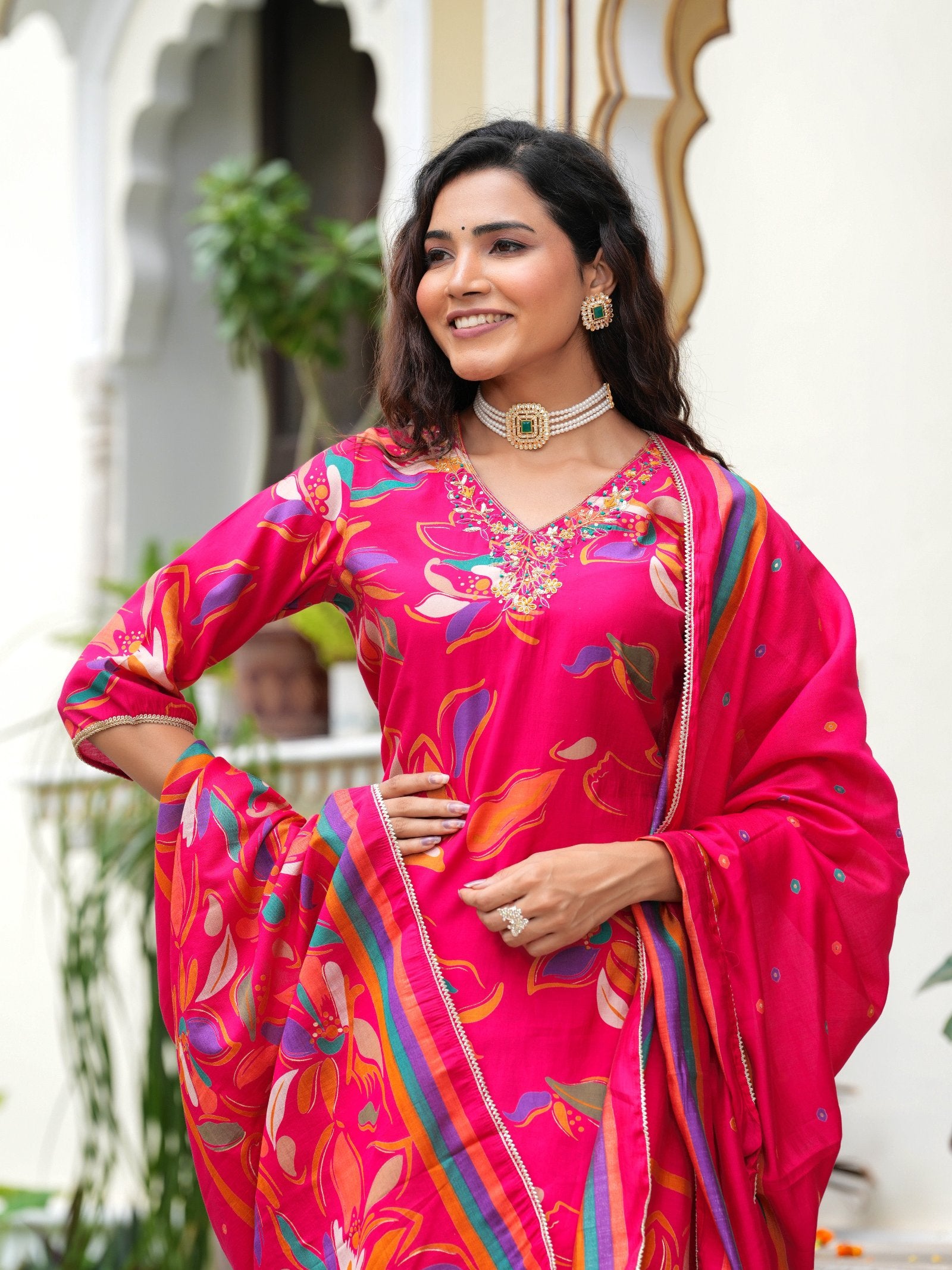 Maluka Women Modal Chanderi Foil Print Sequins with Beads and Stone Work Kurta Set