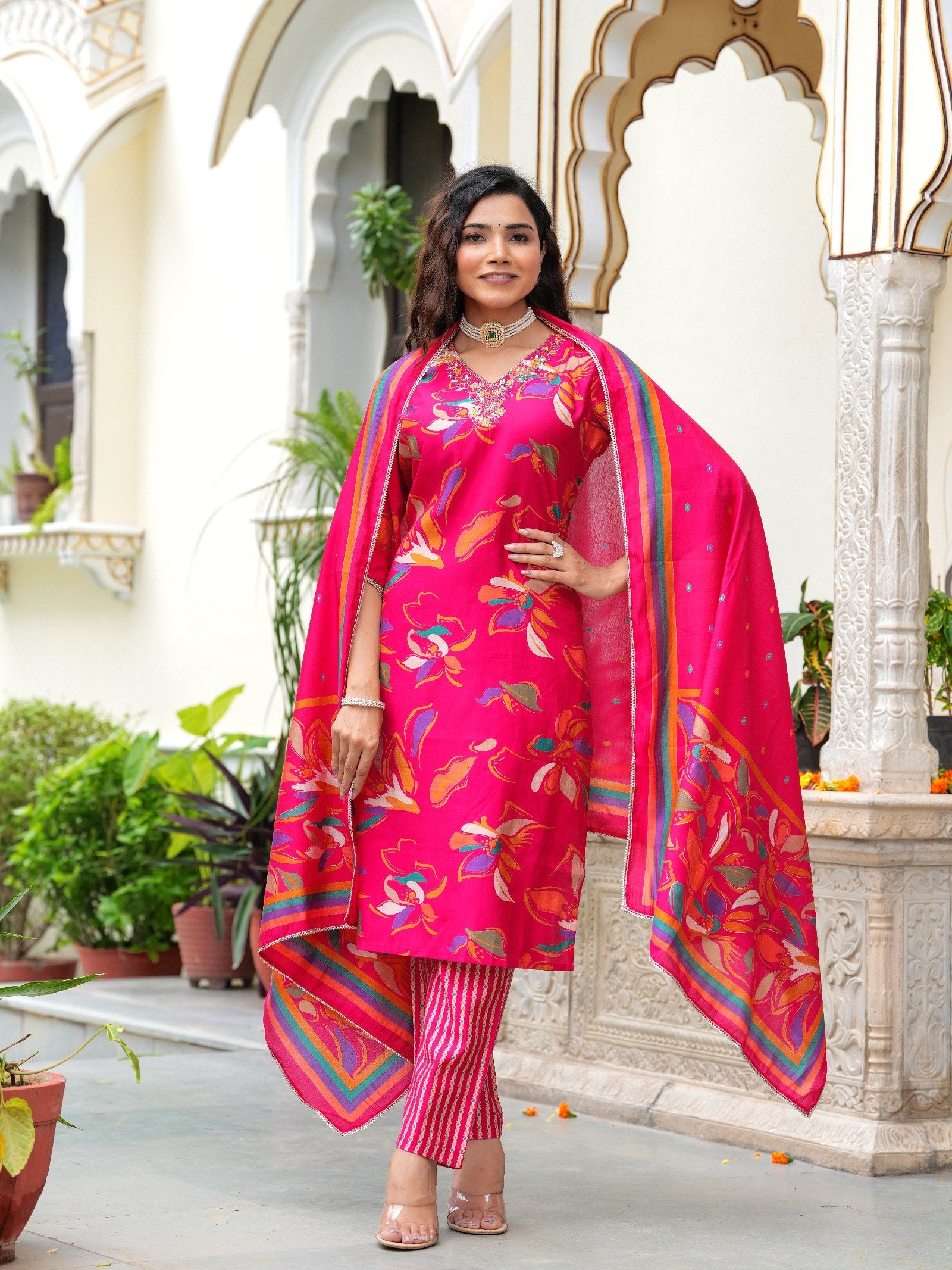 Maluka Women Modal Chanderi Foil Print Sequins with Beads and Stone Work Kurta Set
