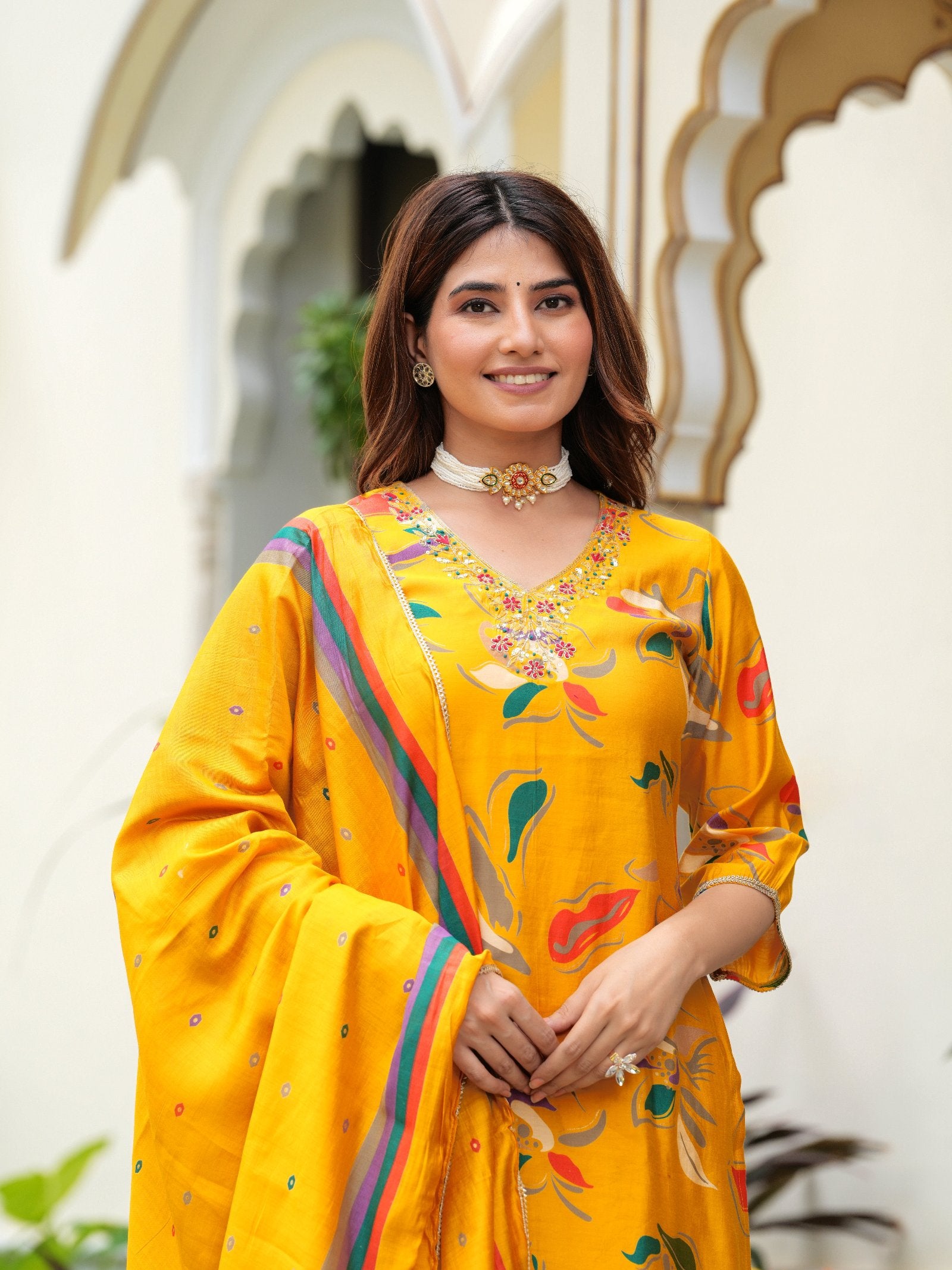 Maluka Women Modal Chanderi Foil Print Sequins with Beads and Stone Work Kurta Set