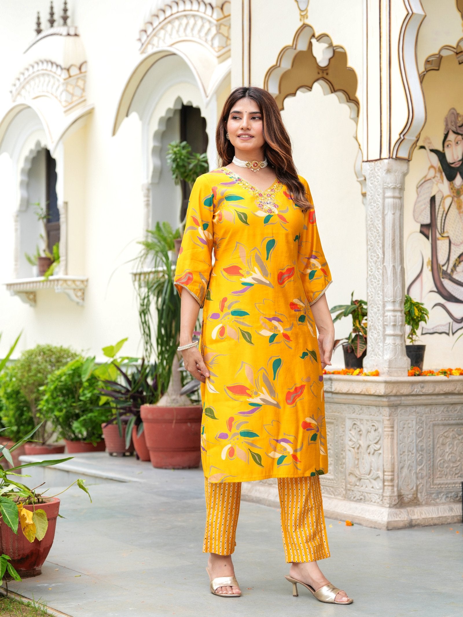Maluka Women Modal Chanderi Foil Print Sequins with Beads and Stone Work Kurta Set