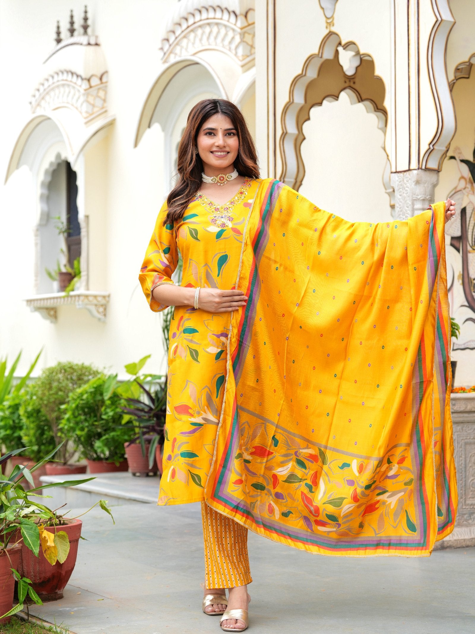Maluka Women Modal Chanderi Foil Print Sequins with Beads and Stone Work Kurta Set