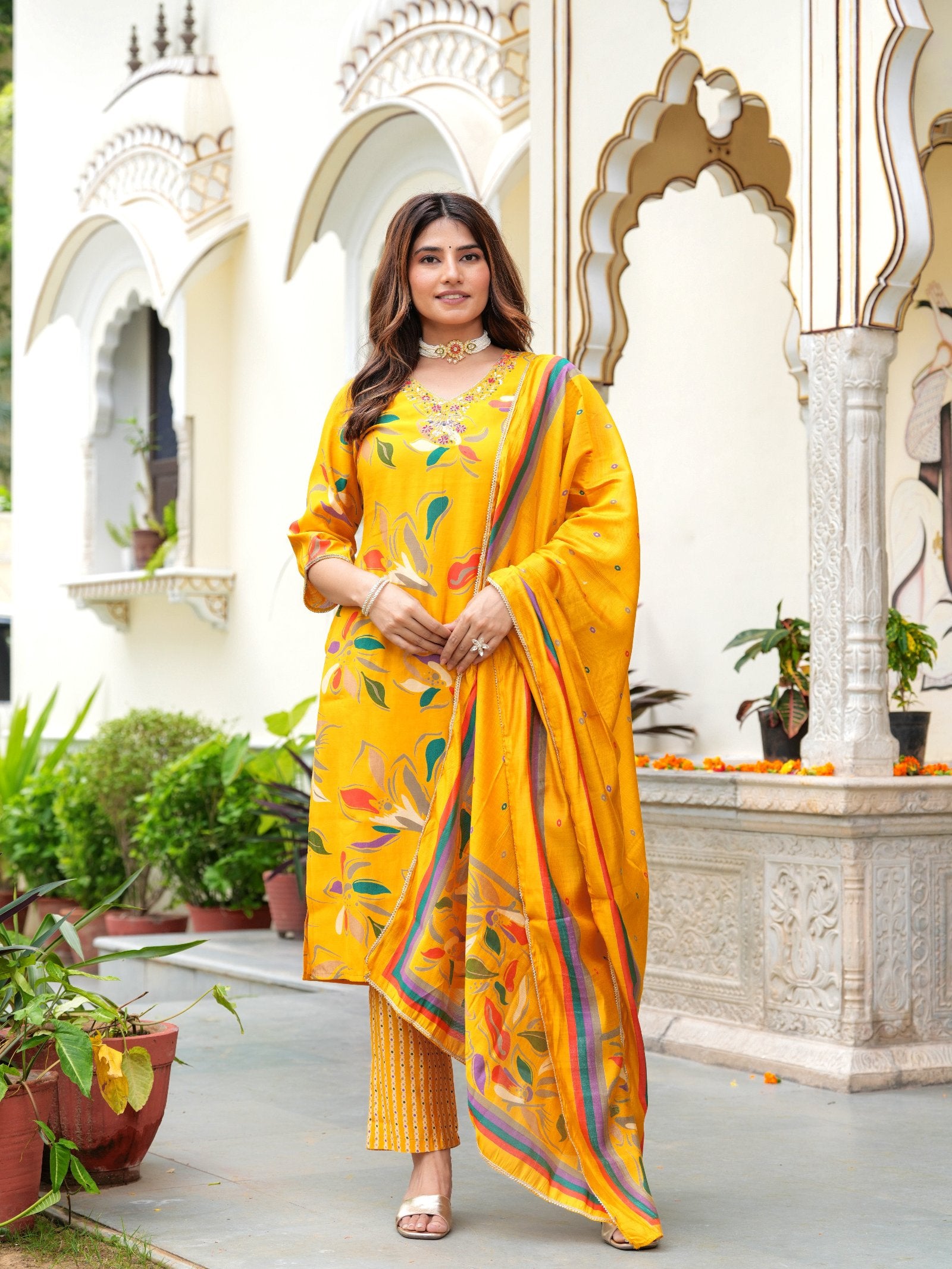 Maluka Women Modal Chanderi Foil Print Sequins with Beads and Stone Work Kurta Set