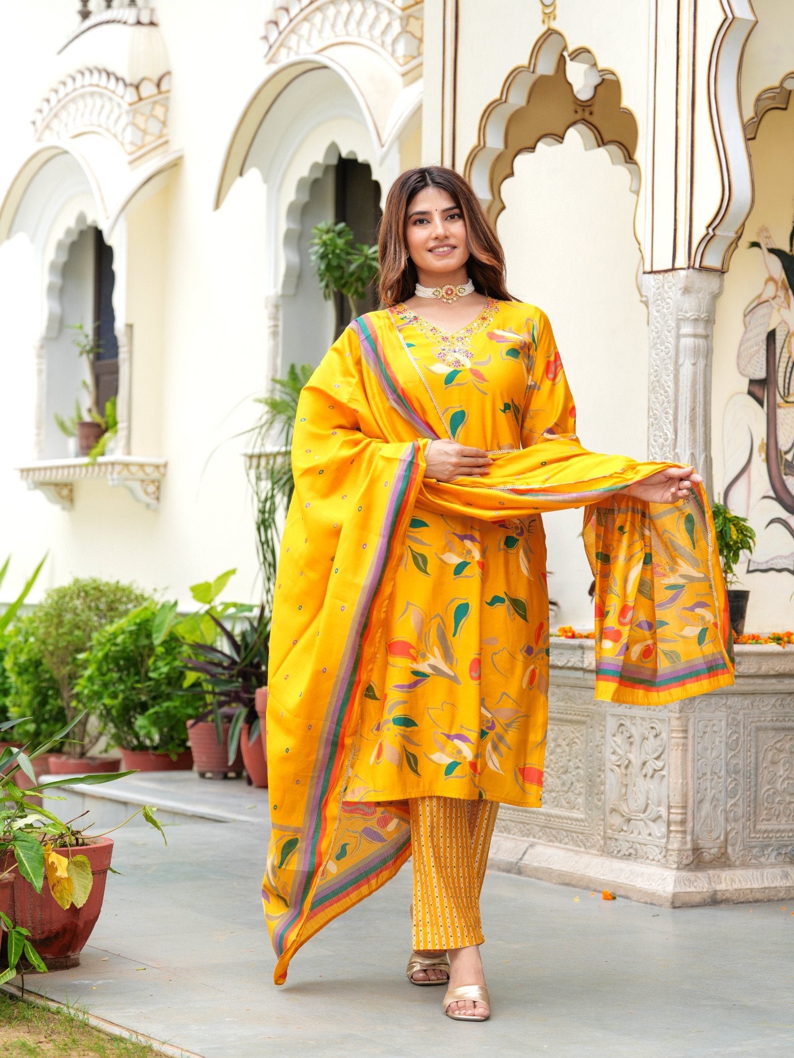 Maluka Women Modal Chanderi Foil Print Sequins with Beads and Stone Work Kurta Set