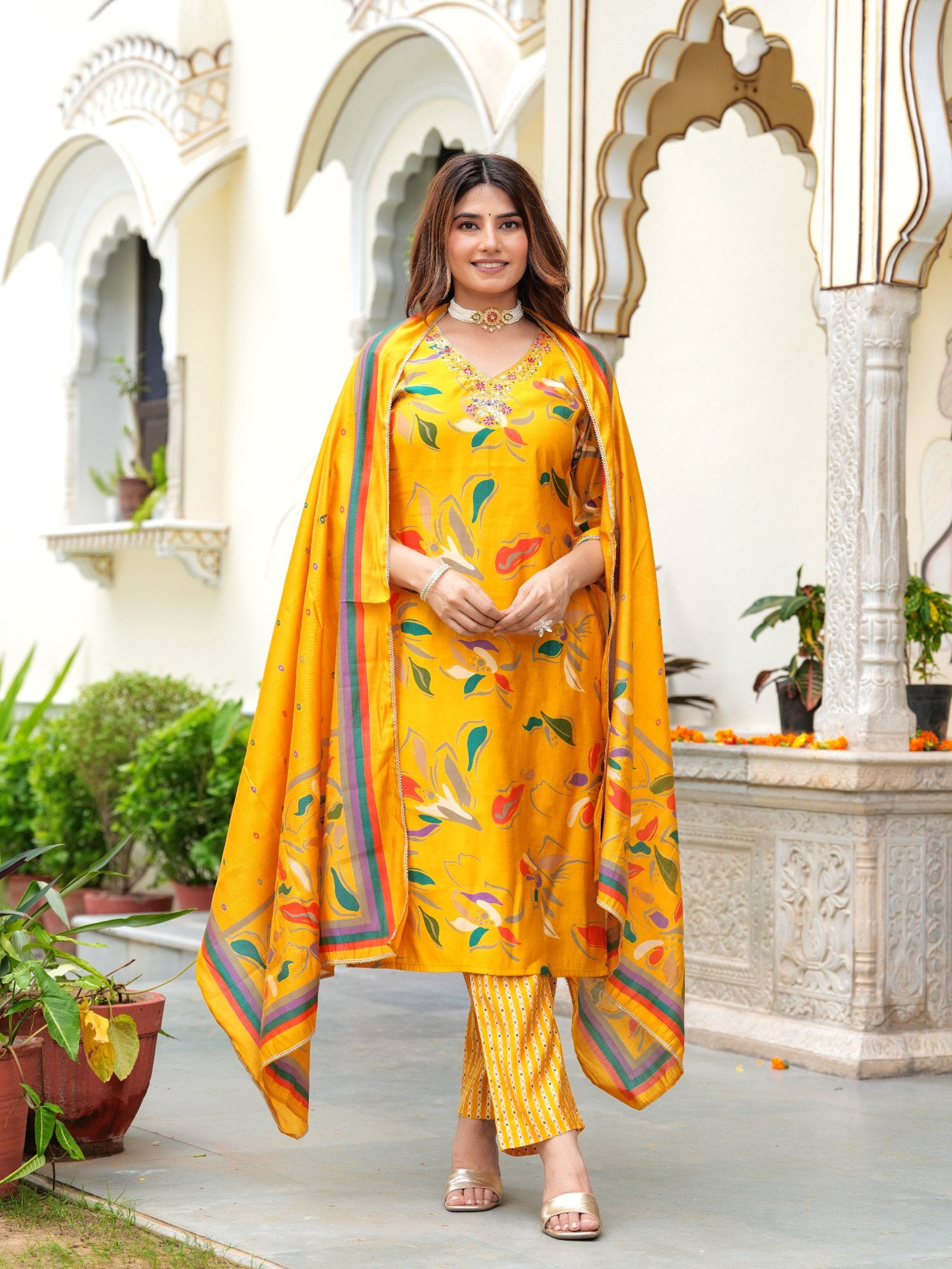 Maluka Women Modal Chanderi Foil Print Sequins with Beads and Stone Work Kurta Set
