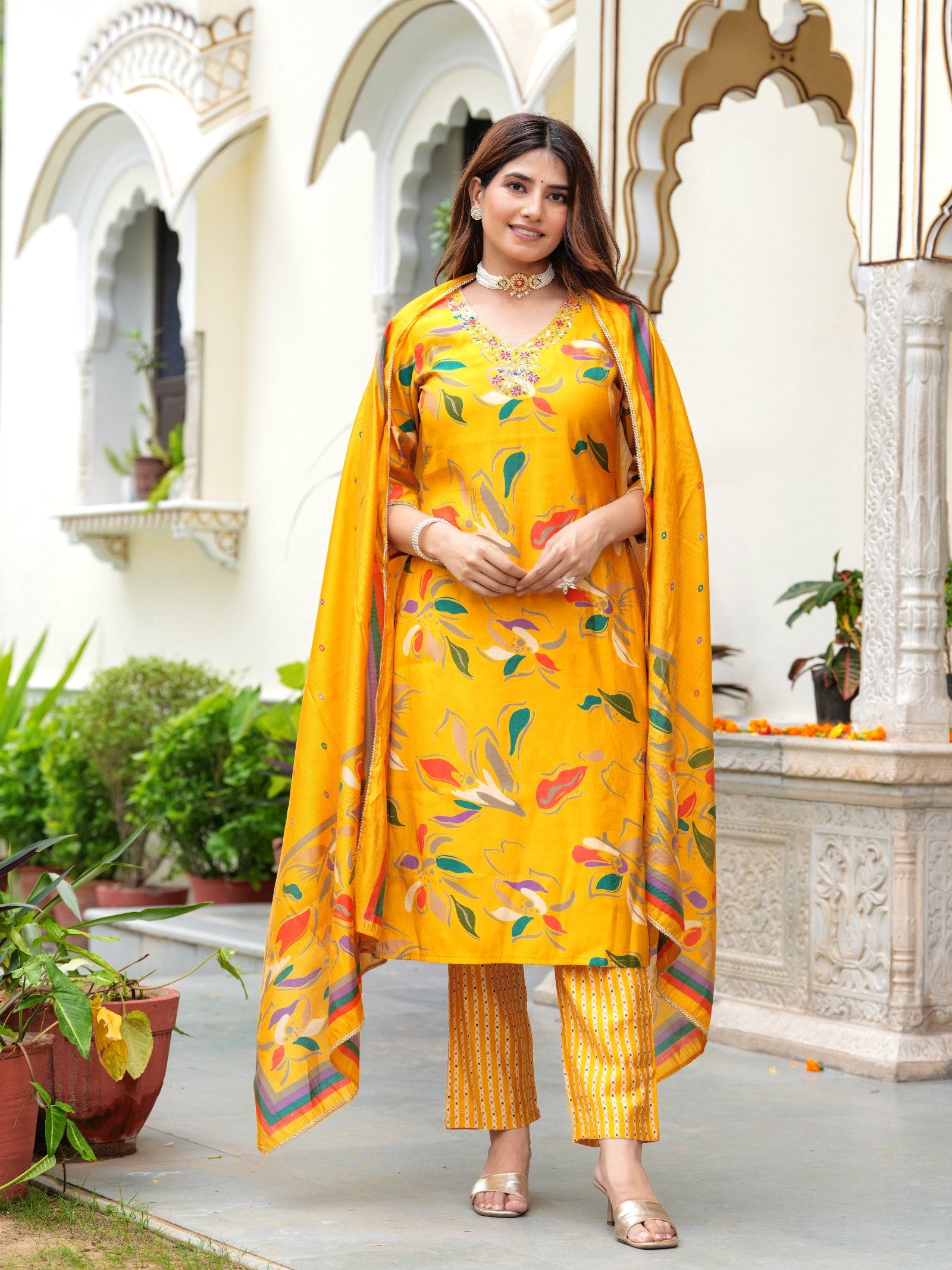 Maluka Women Modal Chanderi Foil Print Sequins with Beads and Stone Work Kurta Set