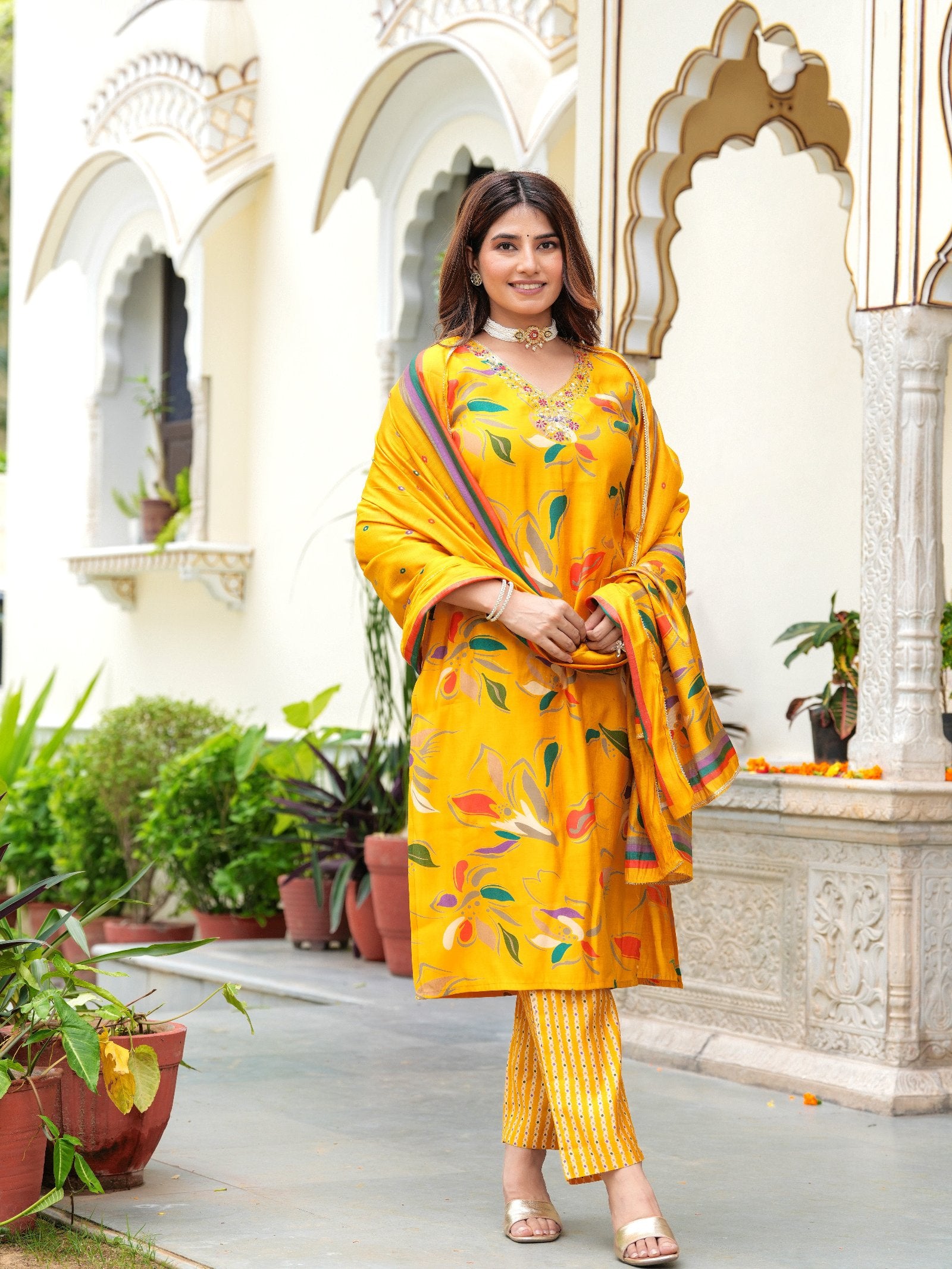 Maluka Women Modal Chanderi Foil Print Sequins with Beads and Stone Work Kurta Set