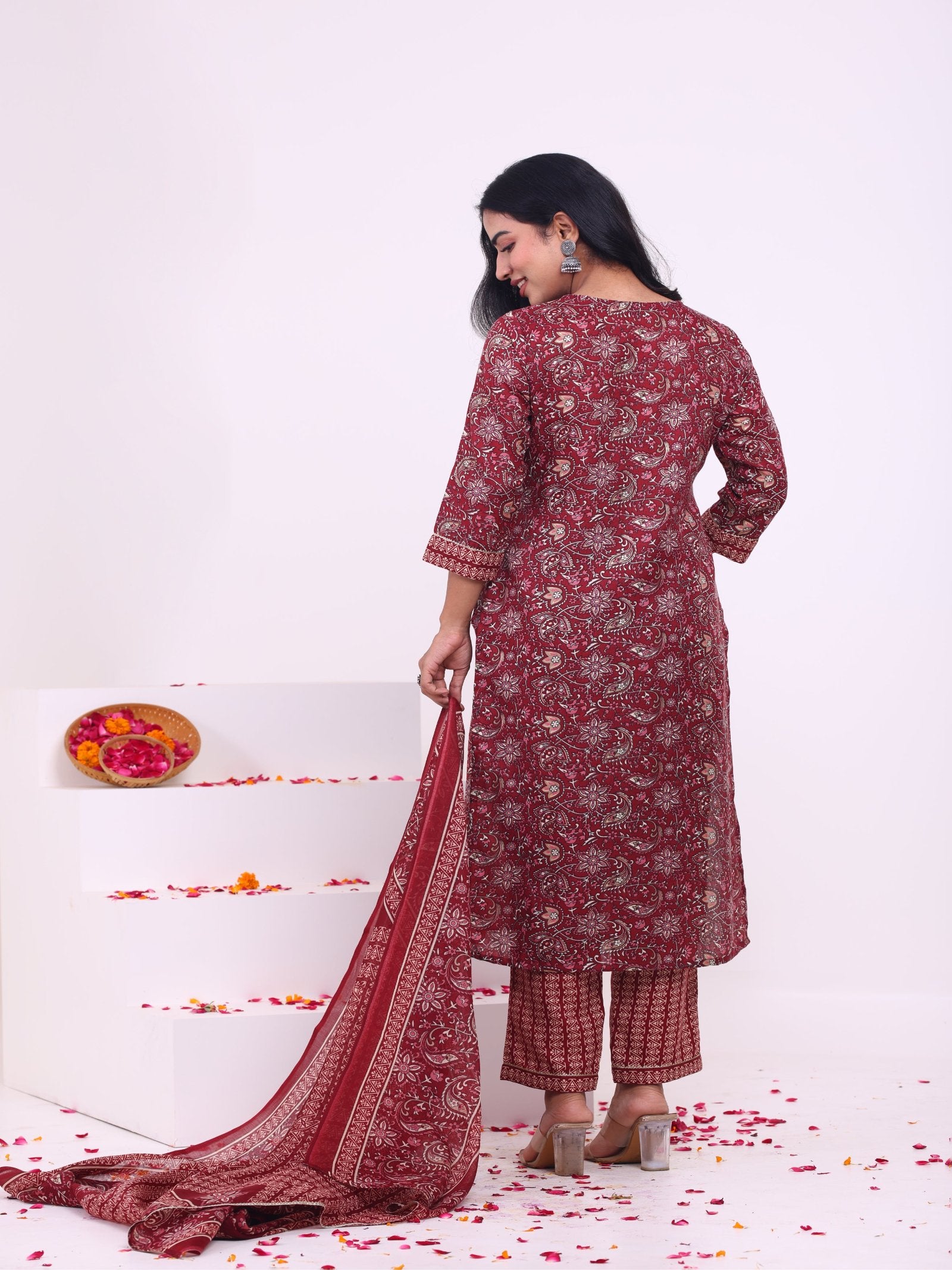 Maluka Women Rayon Capsule Froral Print with Mirror Work Kurta Pant with Dupatta Set