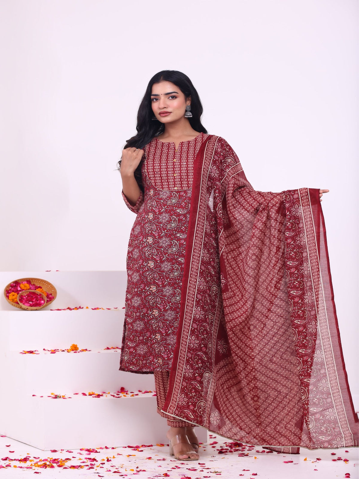 Maluka Women Rayon Capsule Froral Print with Mirror Work Kurta Pant with Dupatta Set