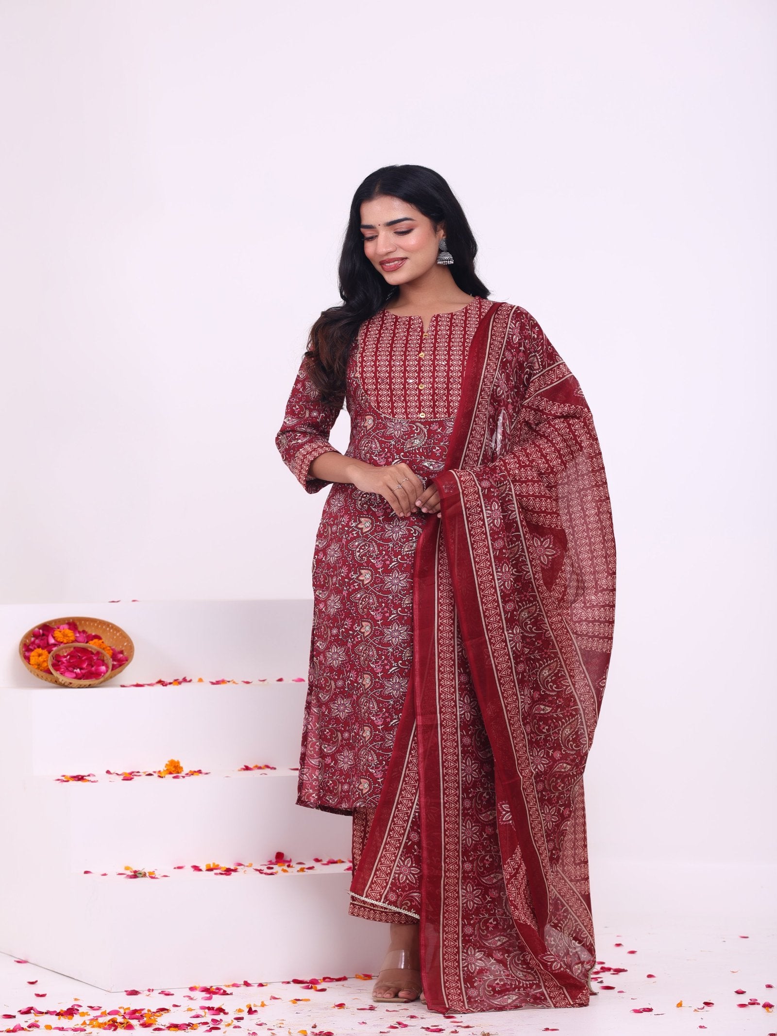 Maluka Women Rayon Capsule Froral Print with Mirror Work Kurta Pant with Dupatta Set