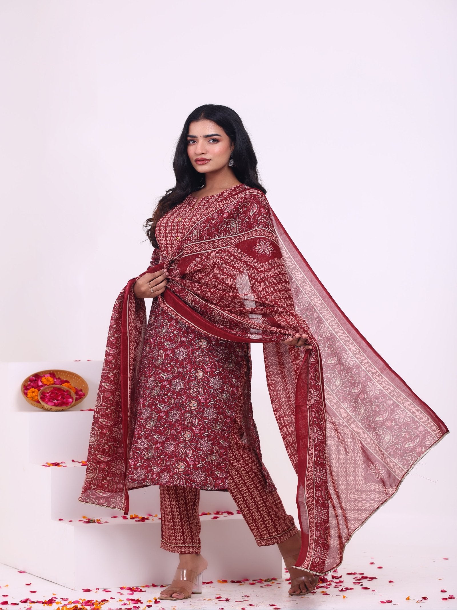 Maluka Women Rayon Capsule Froral Print with Mirror Work Kurta Pant with Dupatta Set