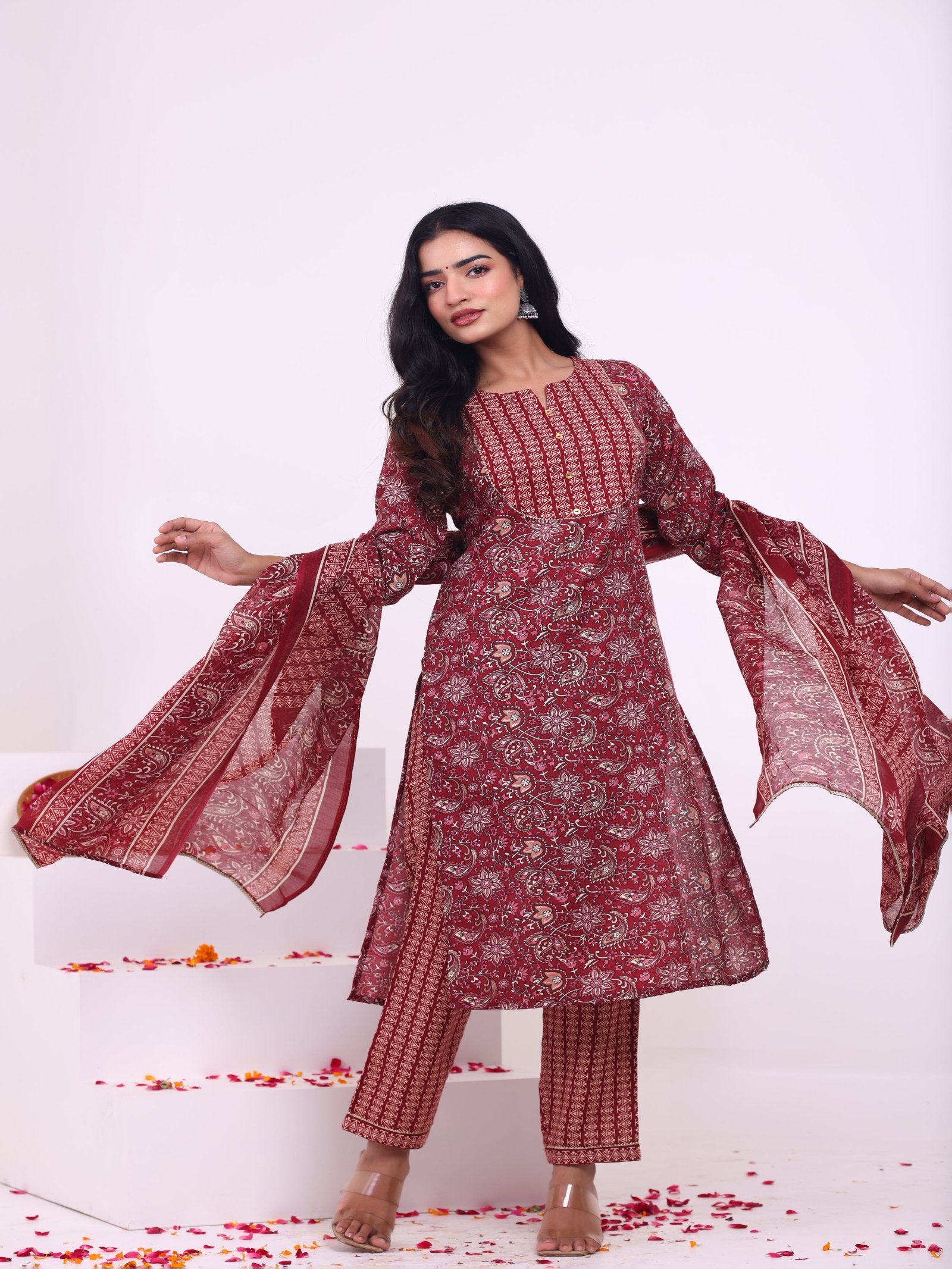 Maluka Women Rayon Capsule Froral Print with Mirror Work Kurta Pant with Dupatta Set