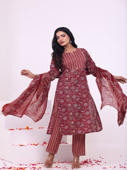 Maluka Women Rayon Capsule Froral Print with Mirror Work Kurta Pant with Dupatta Set