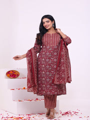 Maluka Women Rayon Capsule Froral Print with Mirror Work Kurta Pant with Dupatta Set