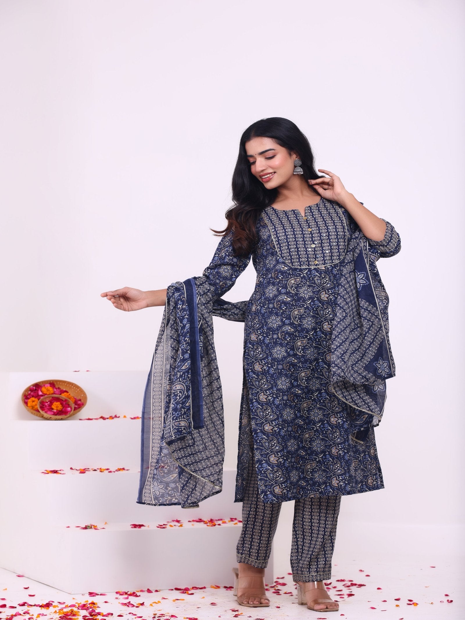 Maluka Women Rayon Capsule Froral Print with Mirror Work Kurta Pant with Dupatta Set