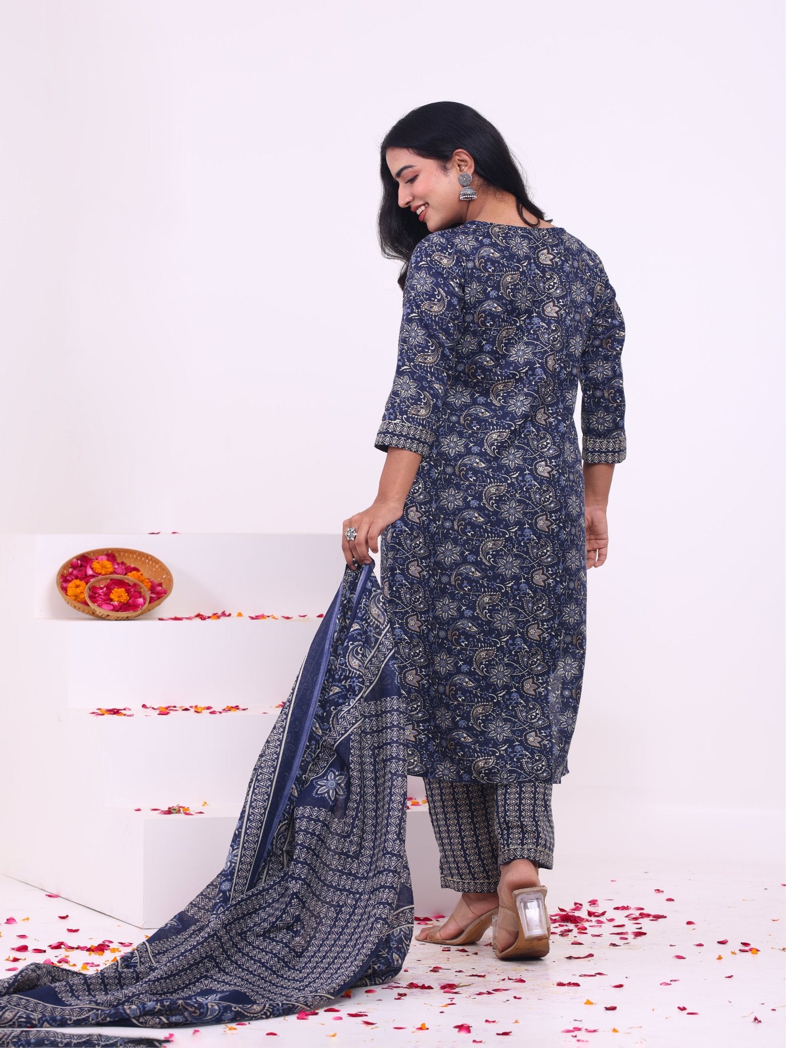 Maluka Women Rayon Capsule Froral Print with Mirror Work Kurta Pant with Dupatta Set