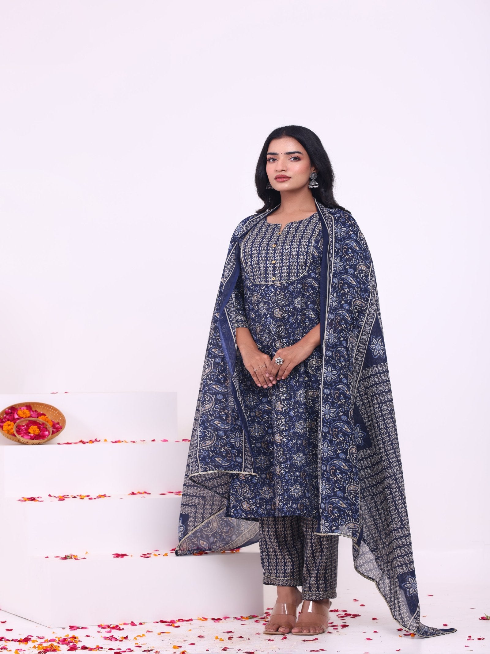 Maluka Women Rayon Capsule Froral Print with Mirror Work Kurta Pant with Dupatta Set