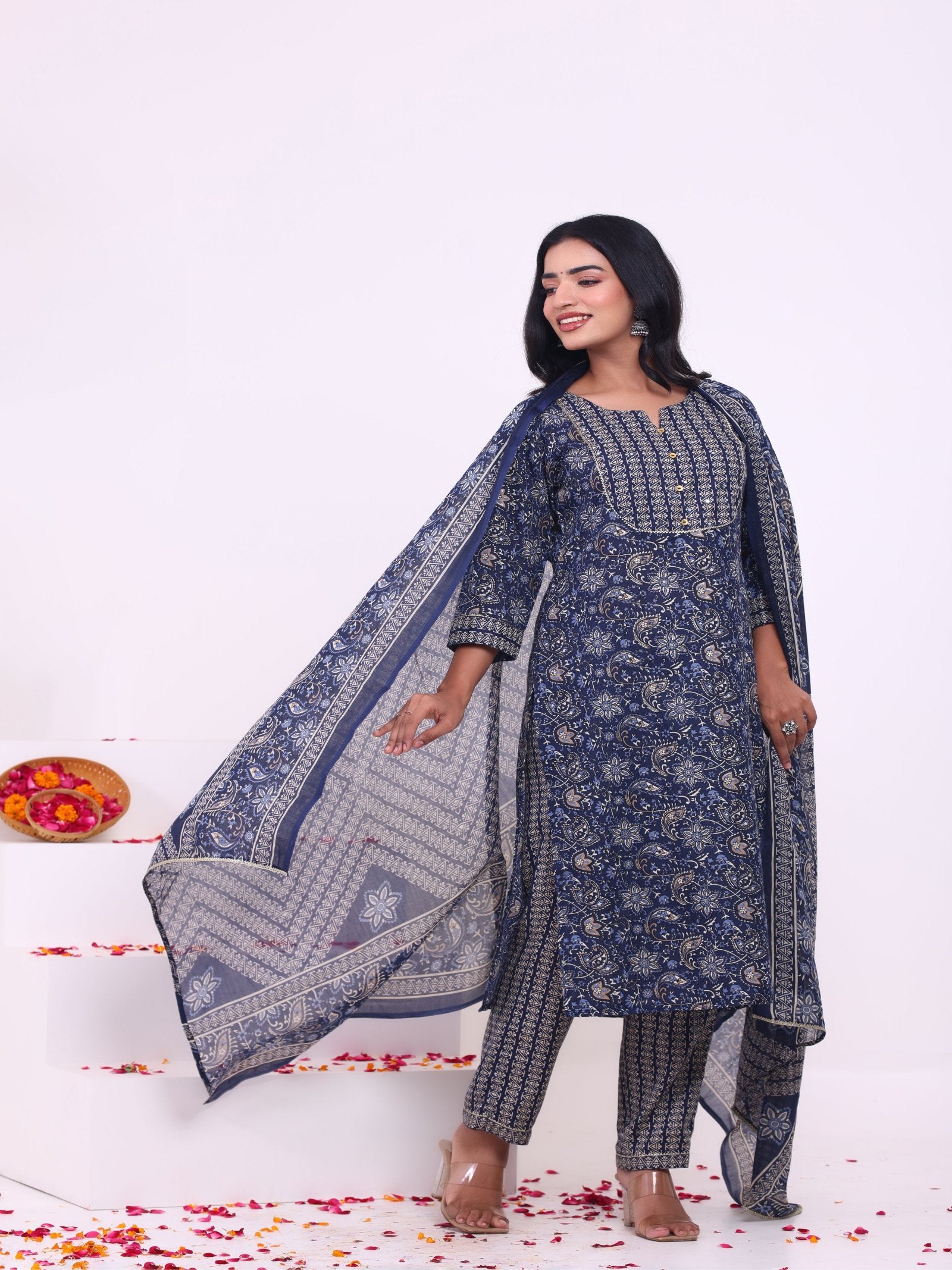 Maluka Women Rayon Capsule Froral Print with Mirror Work Kurta Pant with Dupatta Set