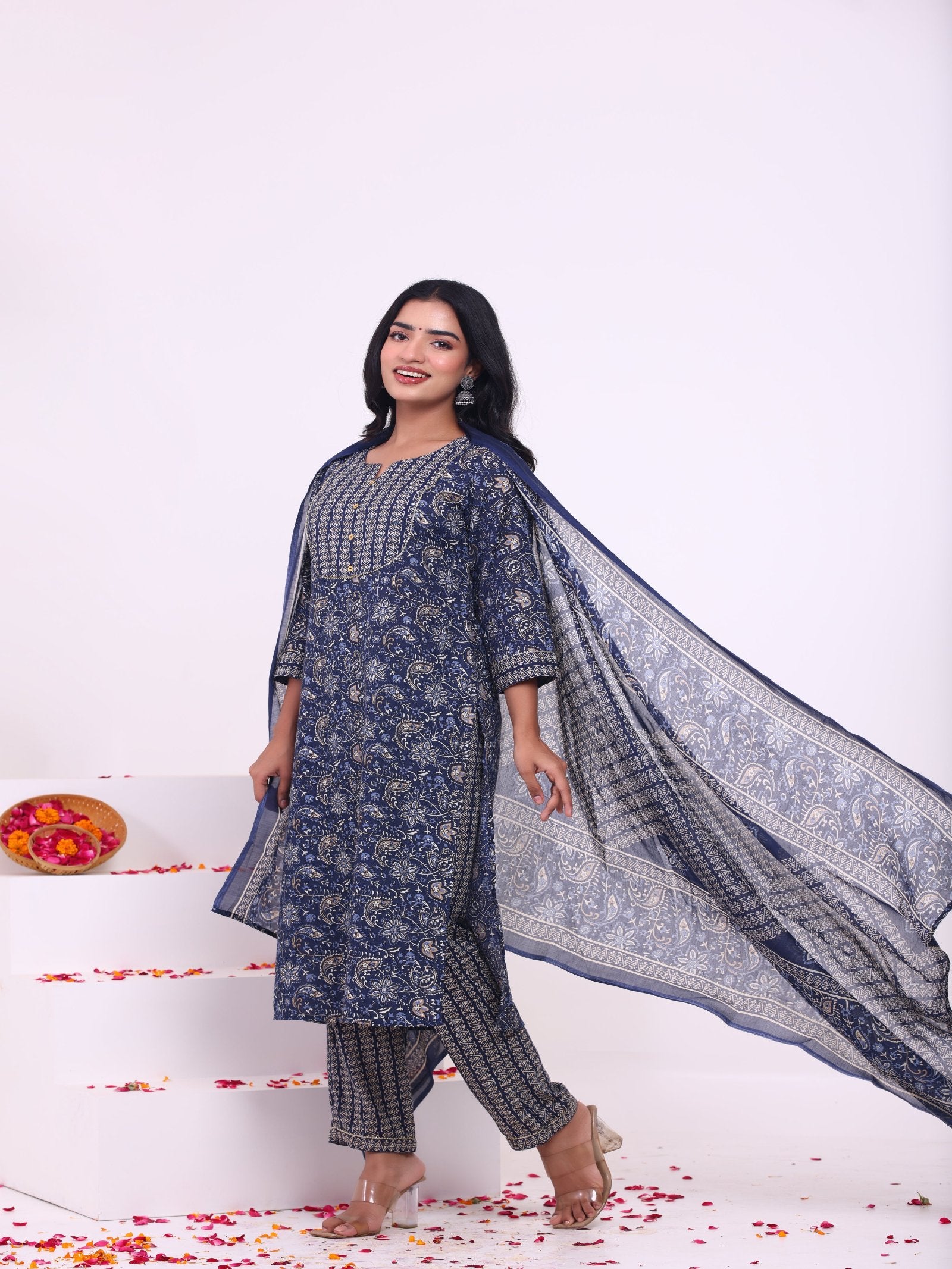 Maluka Women Rayon Capsule Froral Print with Mirror Work Kurta Pant with Dupatta Set
