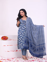 Maluka Women’s Blue & Pink Floral Rayon Kurta Set with Dupatta